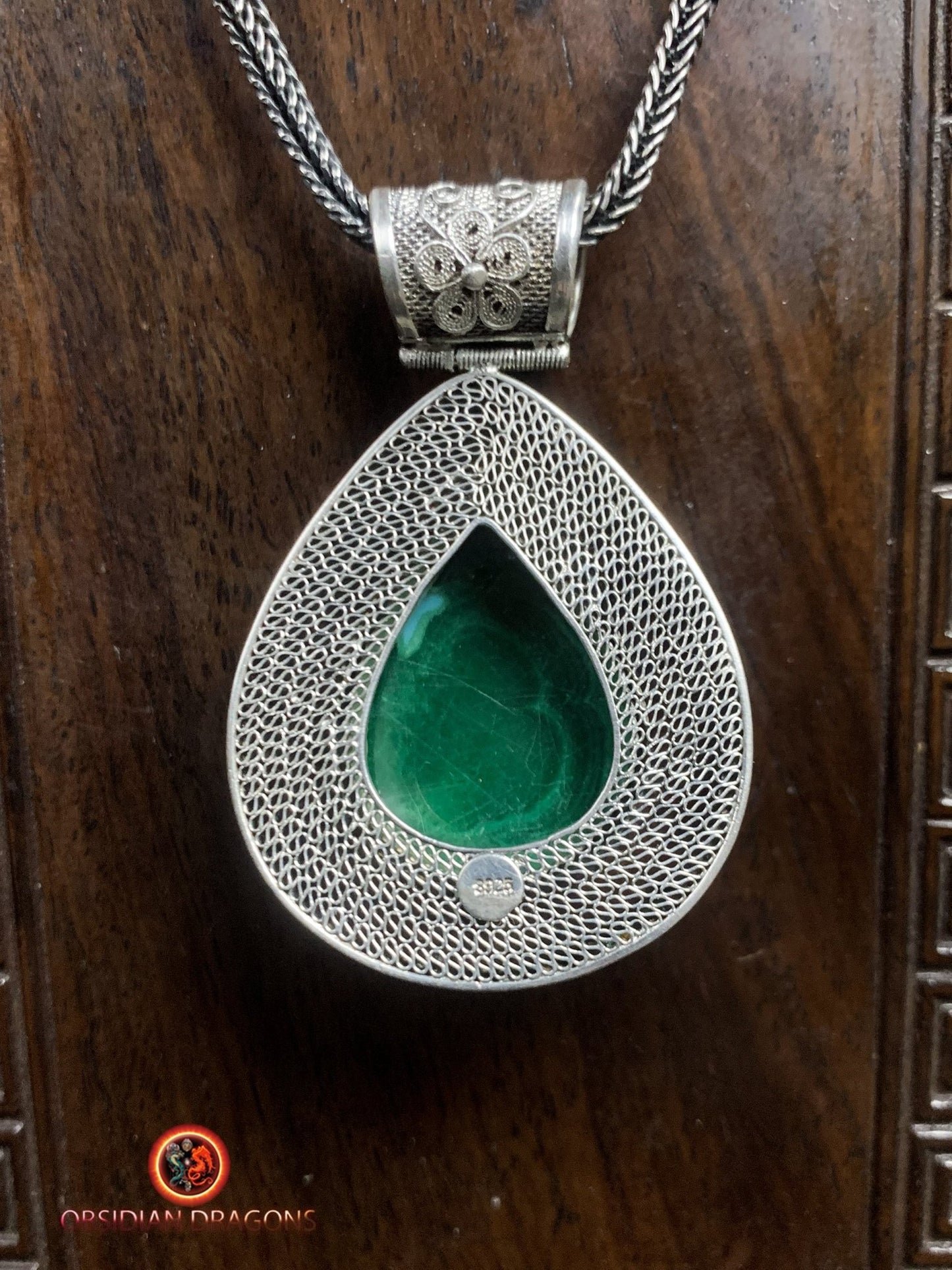 Pendentif en chrysocolle serti en argent 925 filigrané | obsidian dragons