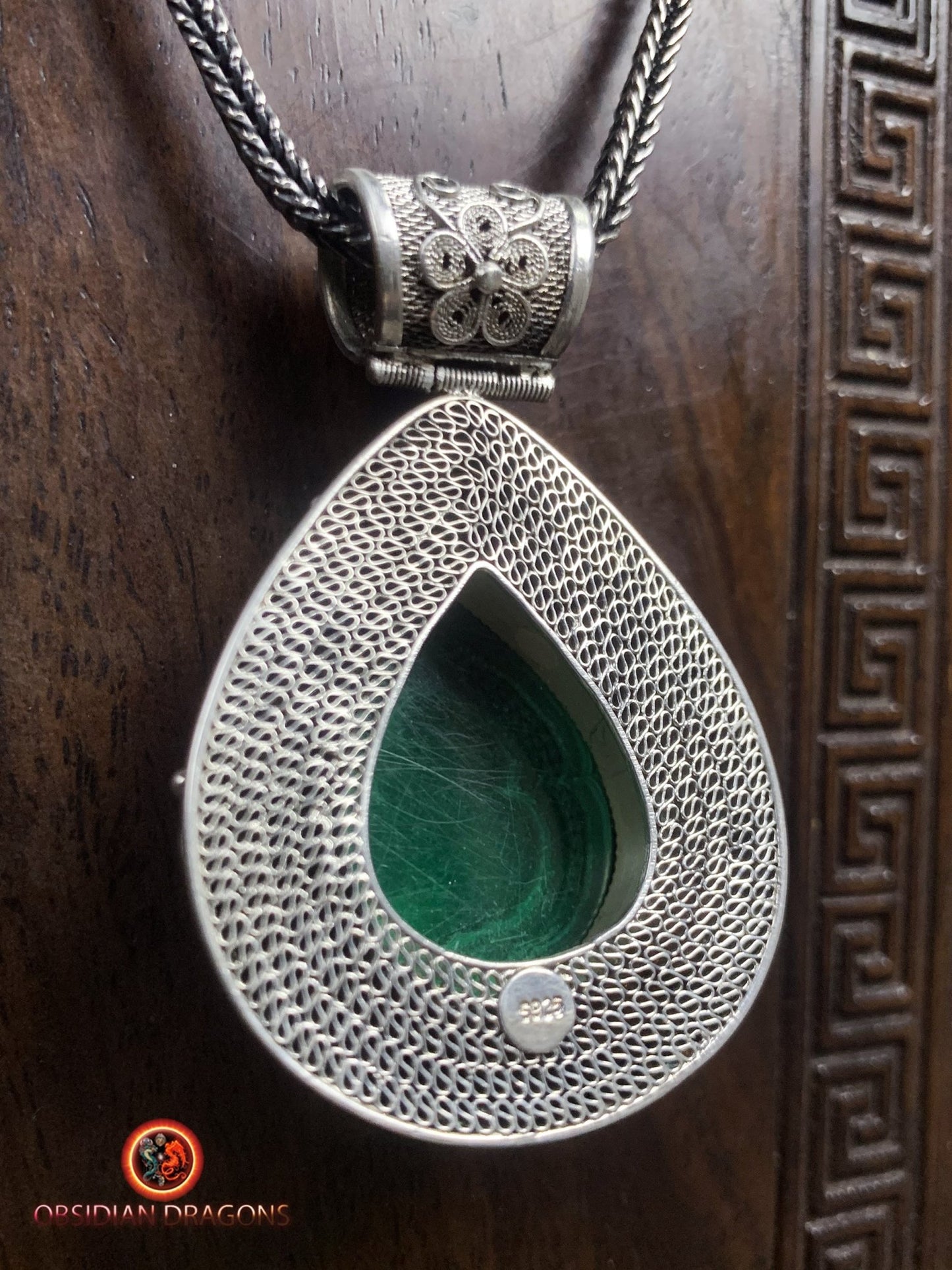 Pendentif en chrysocolle serti en argent 925 filigrané | obsidian dragons