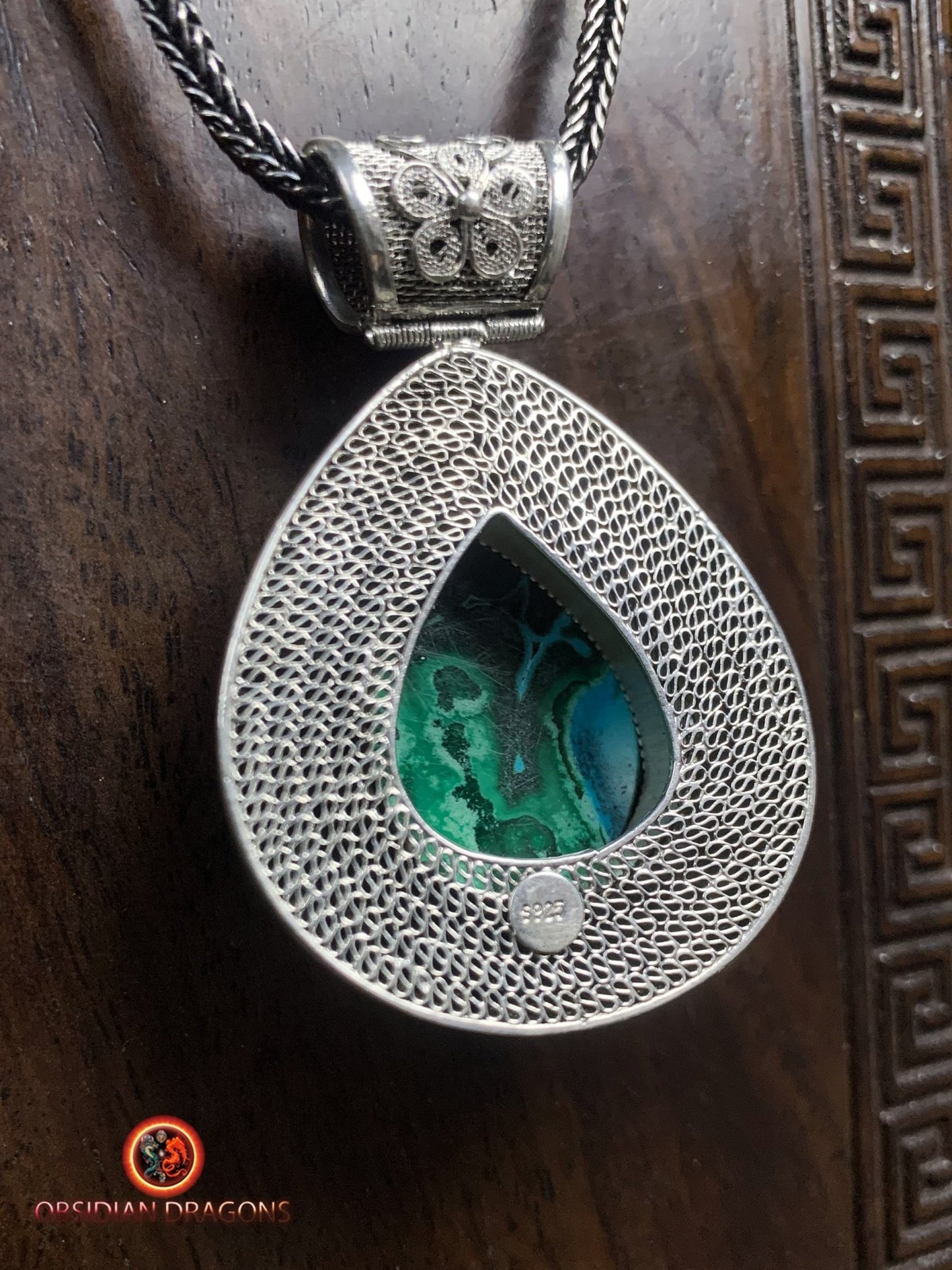 Pendentif en chrysocolle- Argent- Traditionnel Qing Dynastie | obsidian dragons