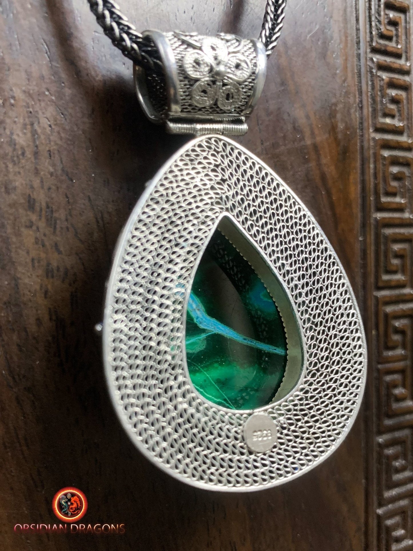 Pendentif en chrysocolle- Argent- Traditionnel dynastie Qing | obsidian dragons