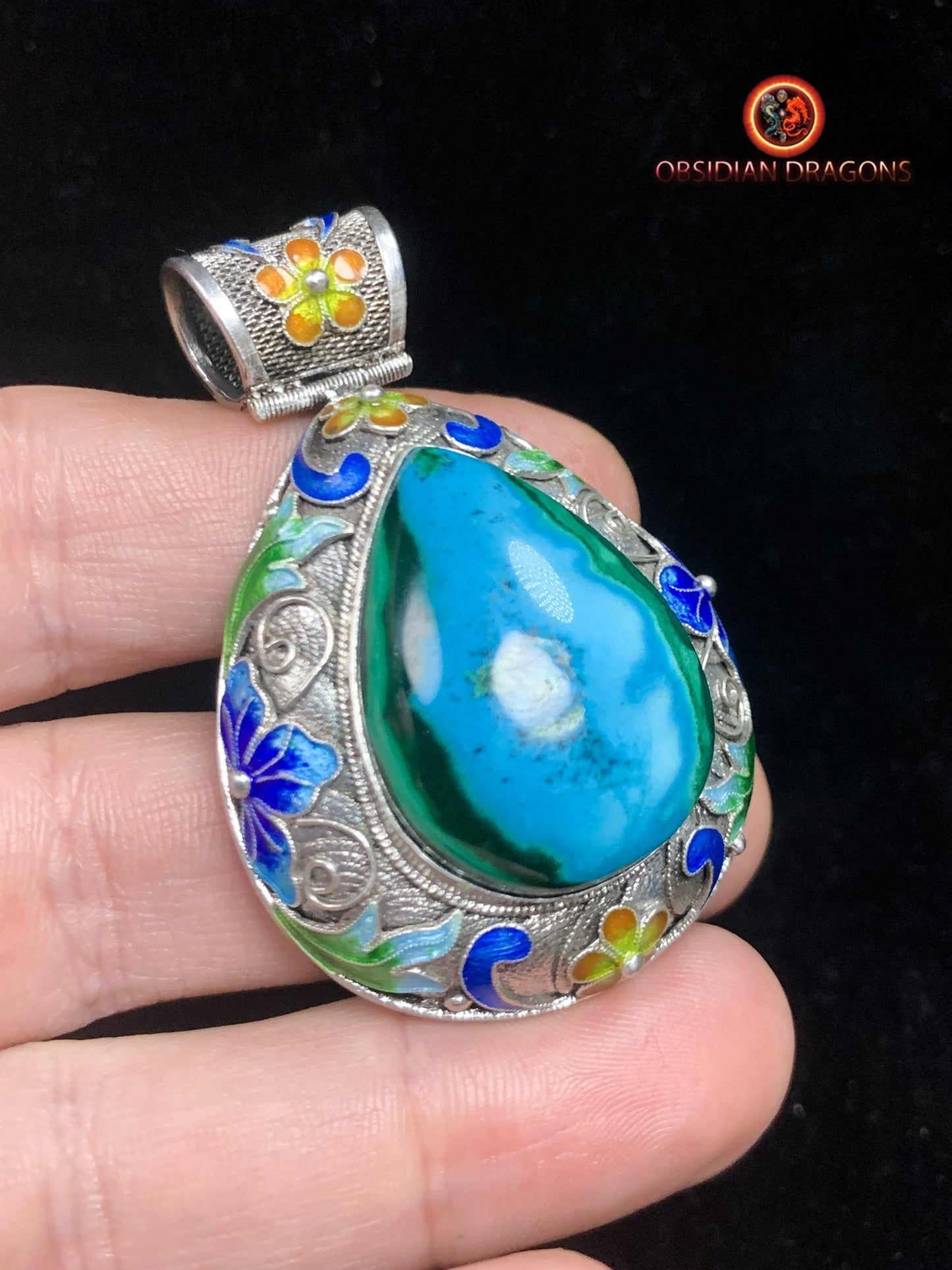 Pendentif en chrysocolle serti en argent 925 filigrané | obsidian dragons