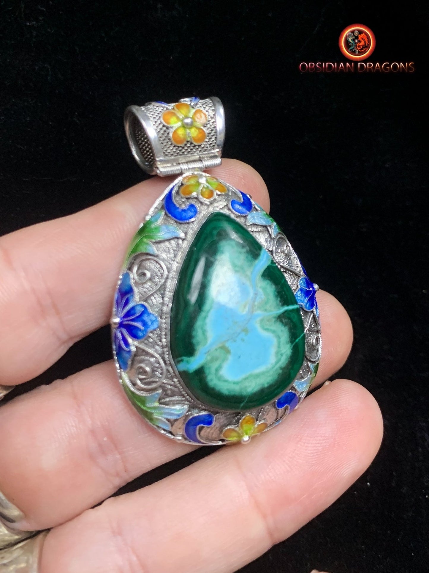 Pendentif en chrysocolle- Argent- Traditionnel dynastie Qing | obsidian dragons