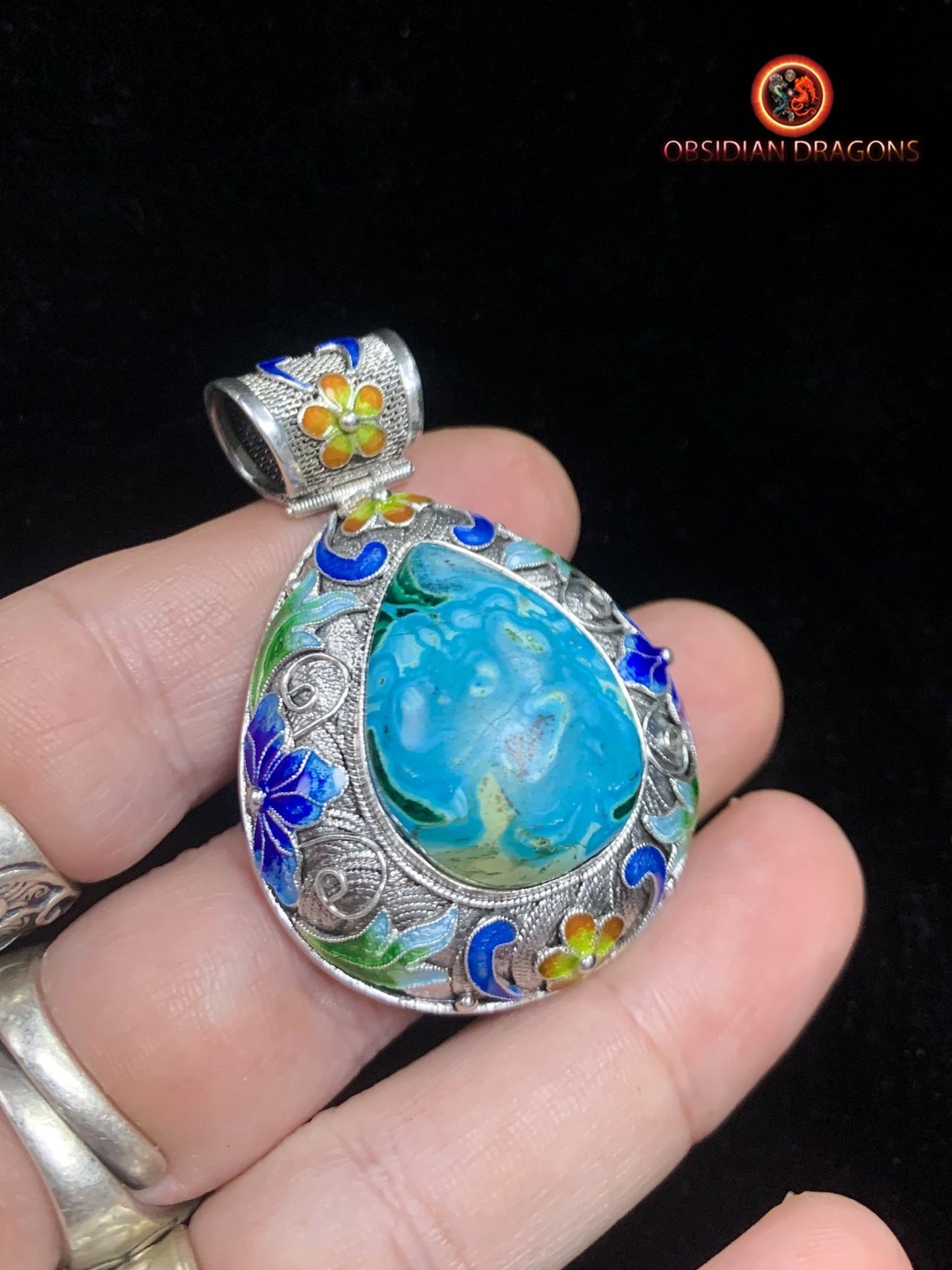 Pendentif en chrysocolle- Argent- Traditionnel Qing Dynastie | obsidian dragons