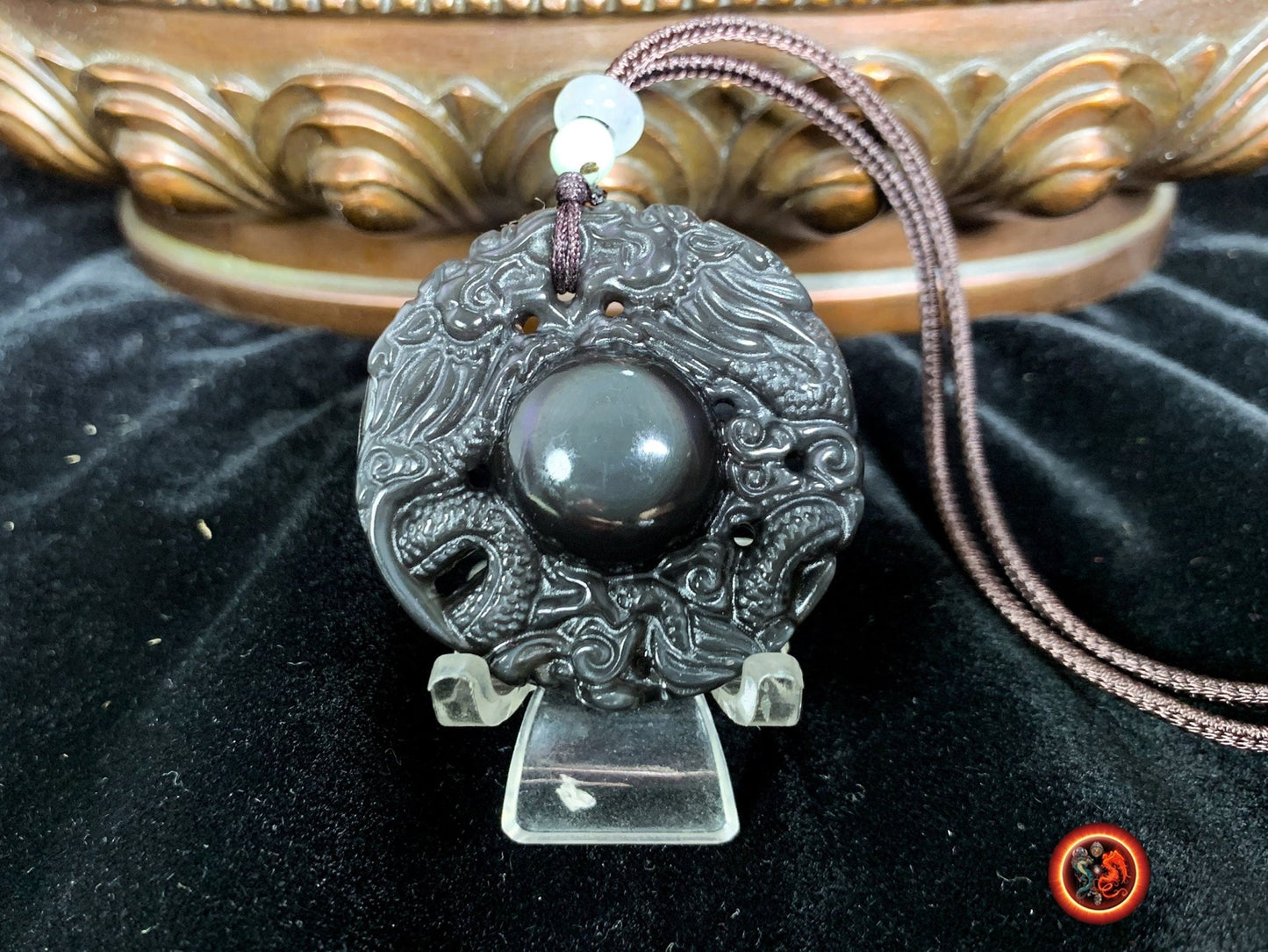 Pendentif double dragon en obsidienne oeil celeste