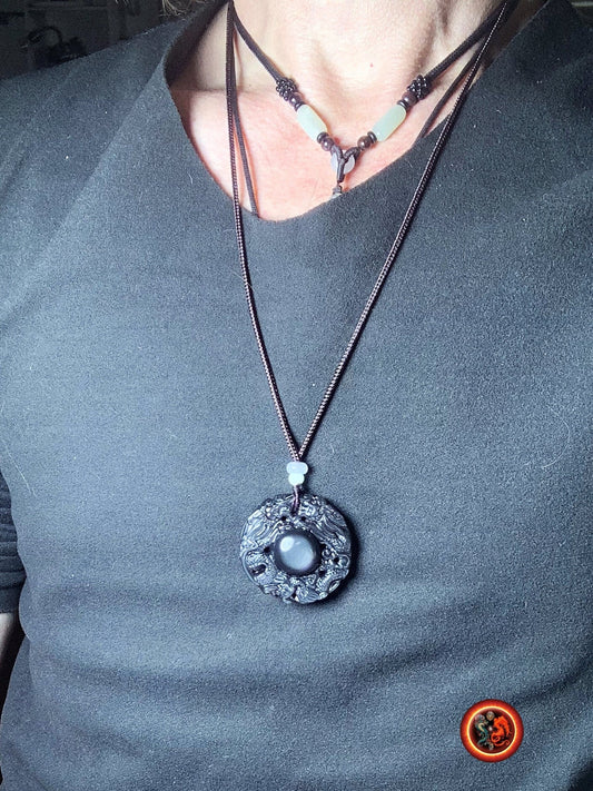 Pendentif double dragon en obsidienne oeil celeste