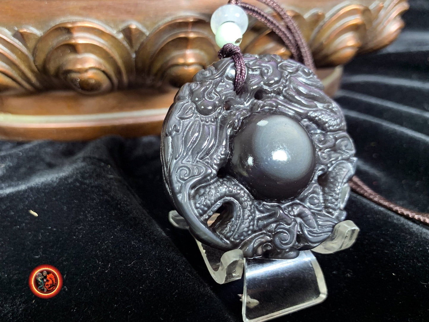 Pendentif double dragon en obsidienne oeil celeste