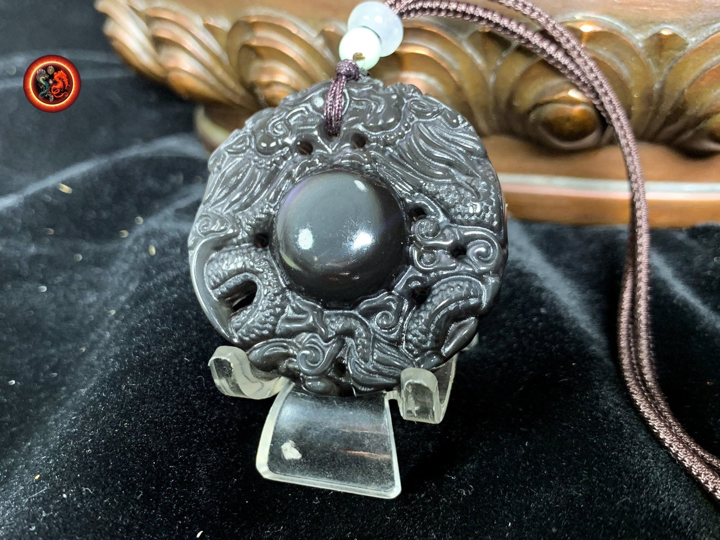 Pendentif double dragon en obsidienne oeil celeste