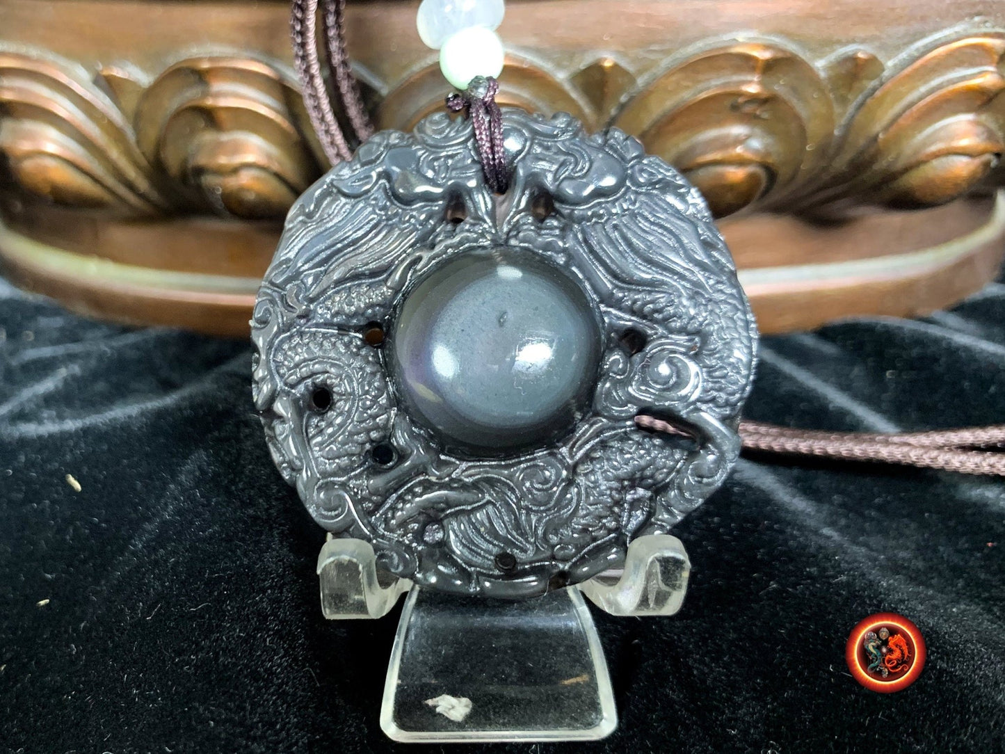 Pendentif double dragon en obsidienne oeil celeste