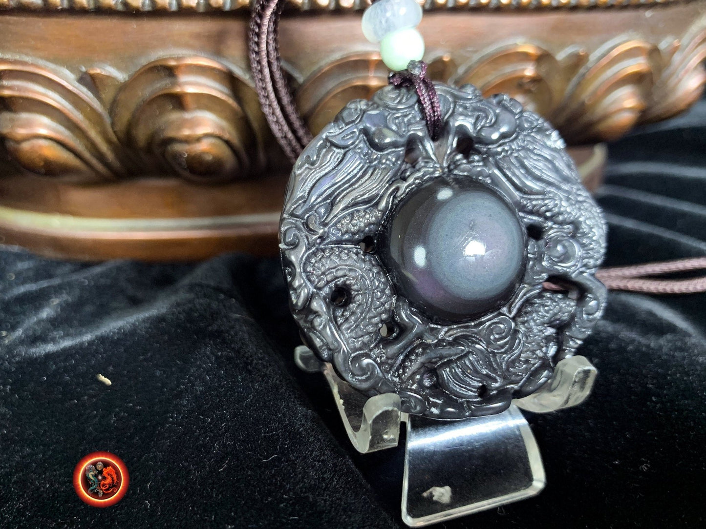 Pendentif double dragon en obsidienne oeil celeste