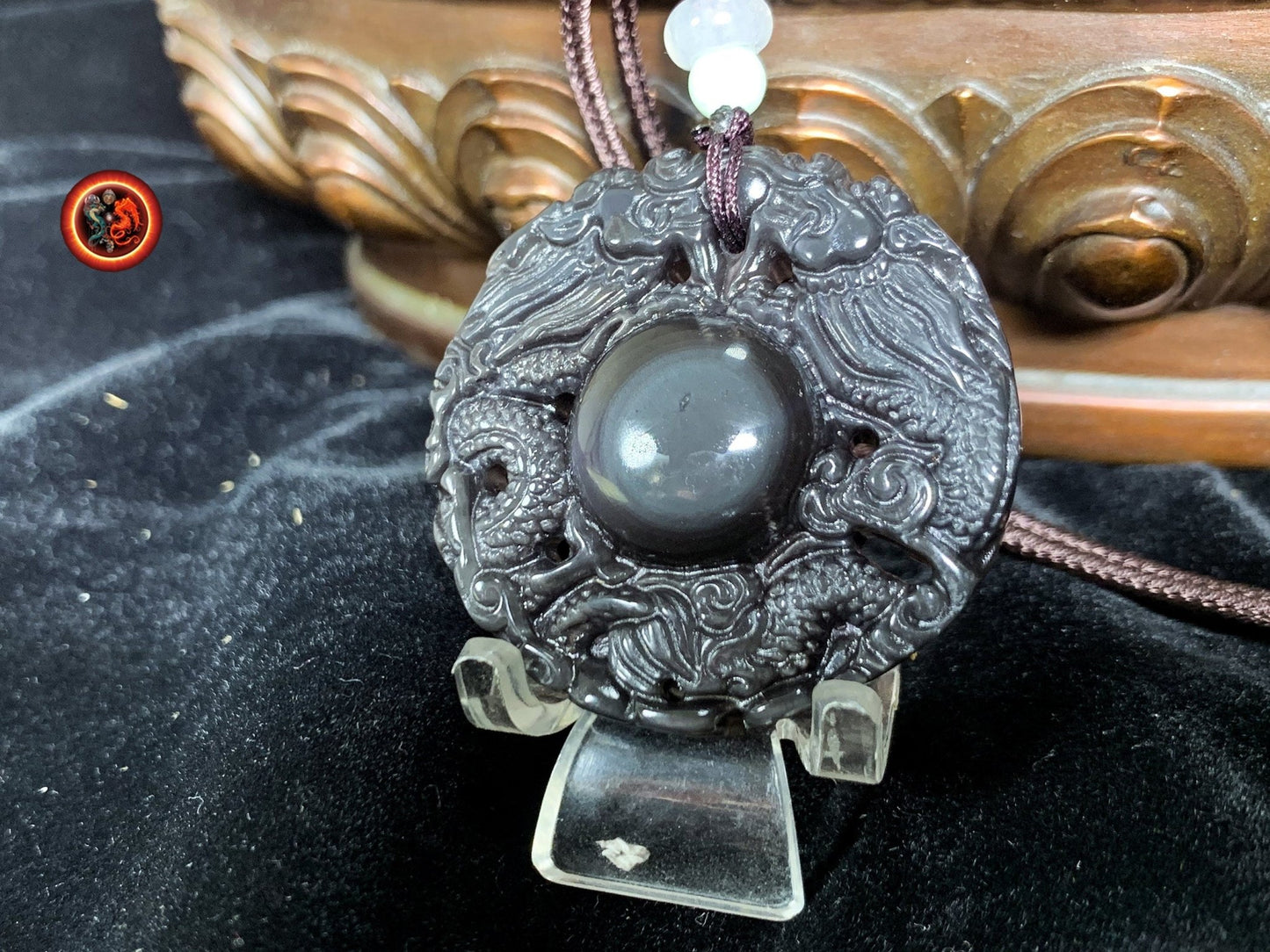 Pendentif double dragon en obsidienne oeil celeste