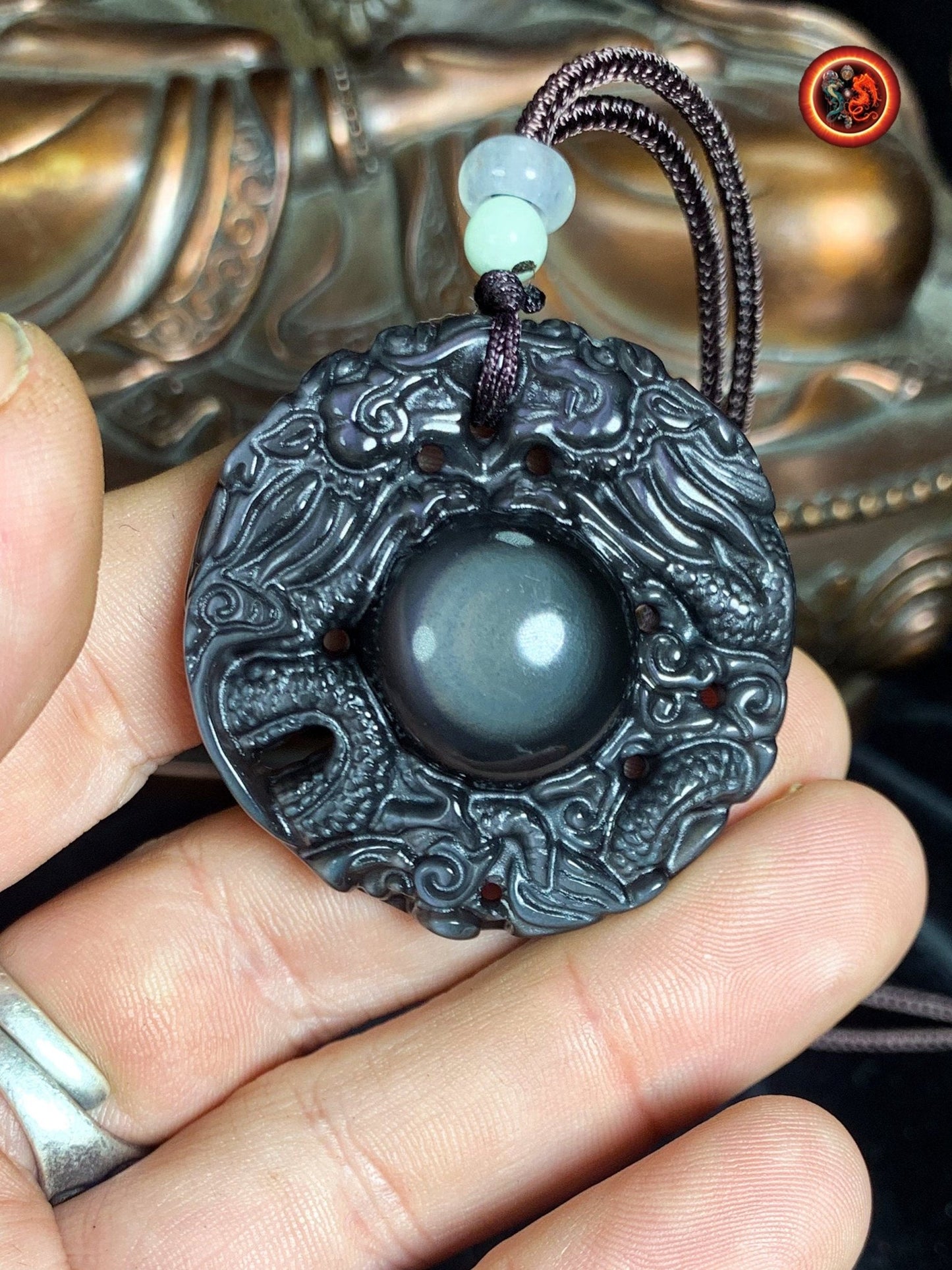 Pendentif double dragon en obsidienne oeil celeste