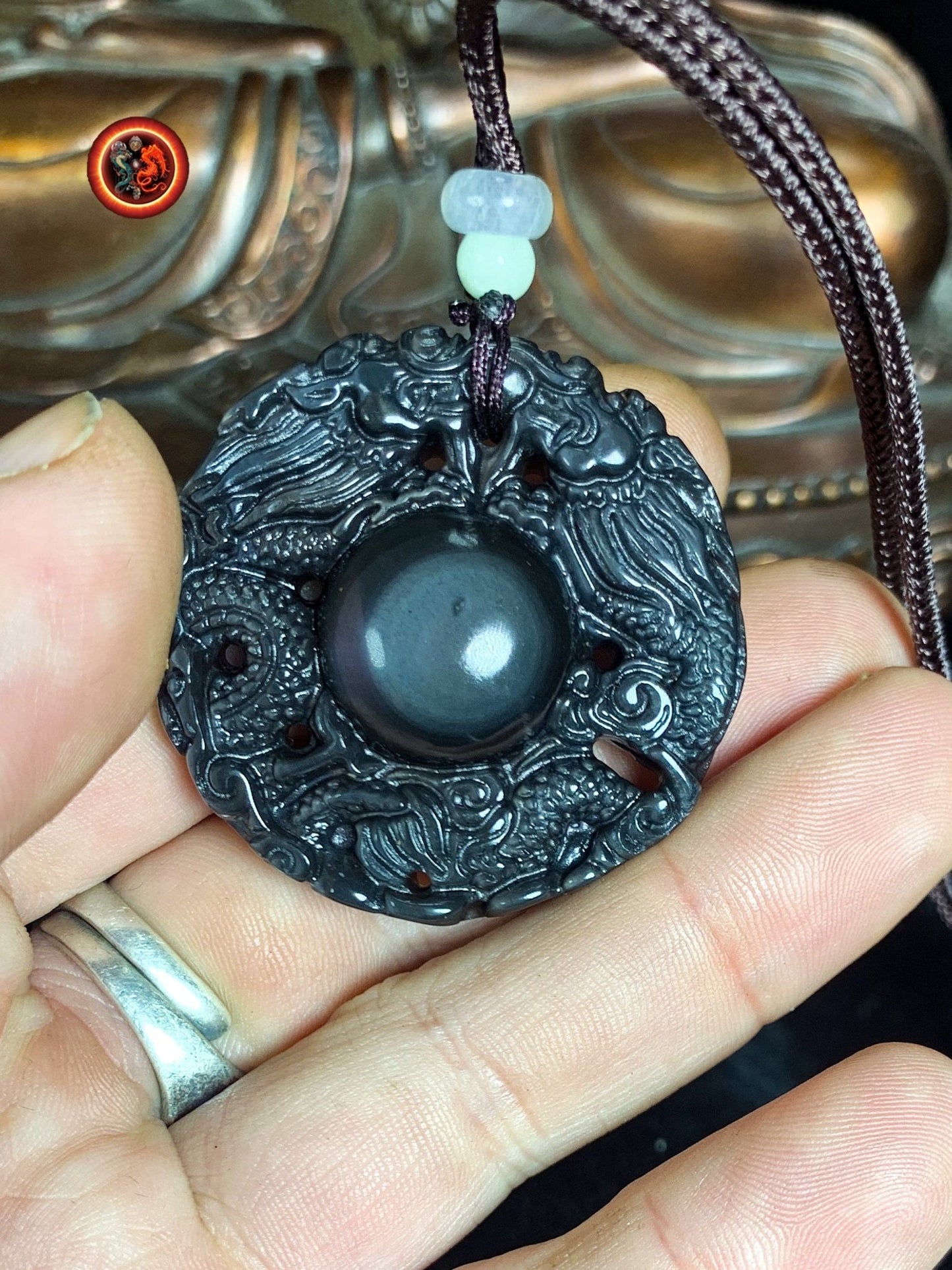 Pendentif double dragon en obsidienne oeil celeste