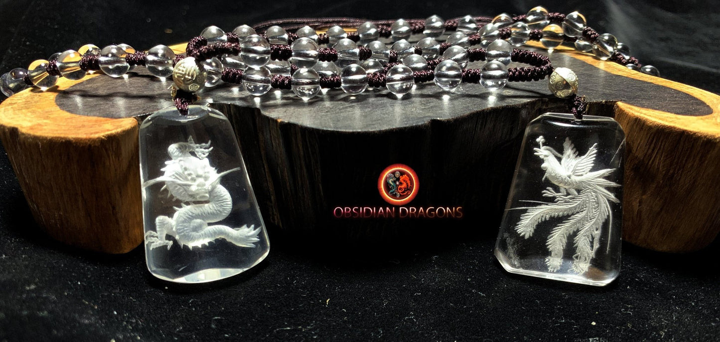 Pendentifs dragon et phénix en cristal- Harmonie du Yin et du Yang