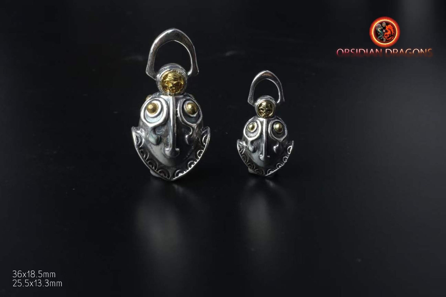 pendentif protection feng shui, Taoïste, grelot "chasse fantôme" agent 925 et bille en cuivre. traditionnel. Deux tailles disponibles. - obsidian dragon