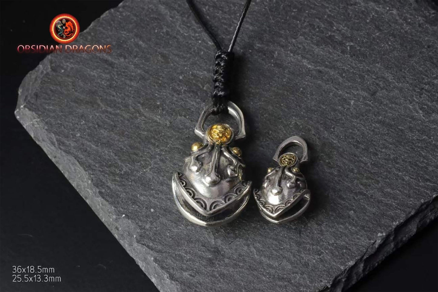 pendentif protection feng shui, Taoïste, grelot "chasse fantôme" agent 925 et bille en cuivre. traditionnel. Deux tailles disponibles. - obsidian dragon