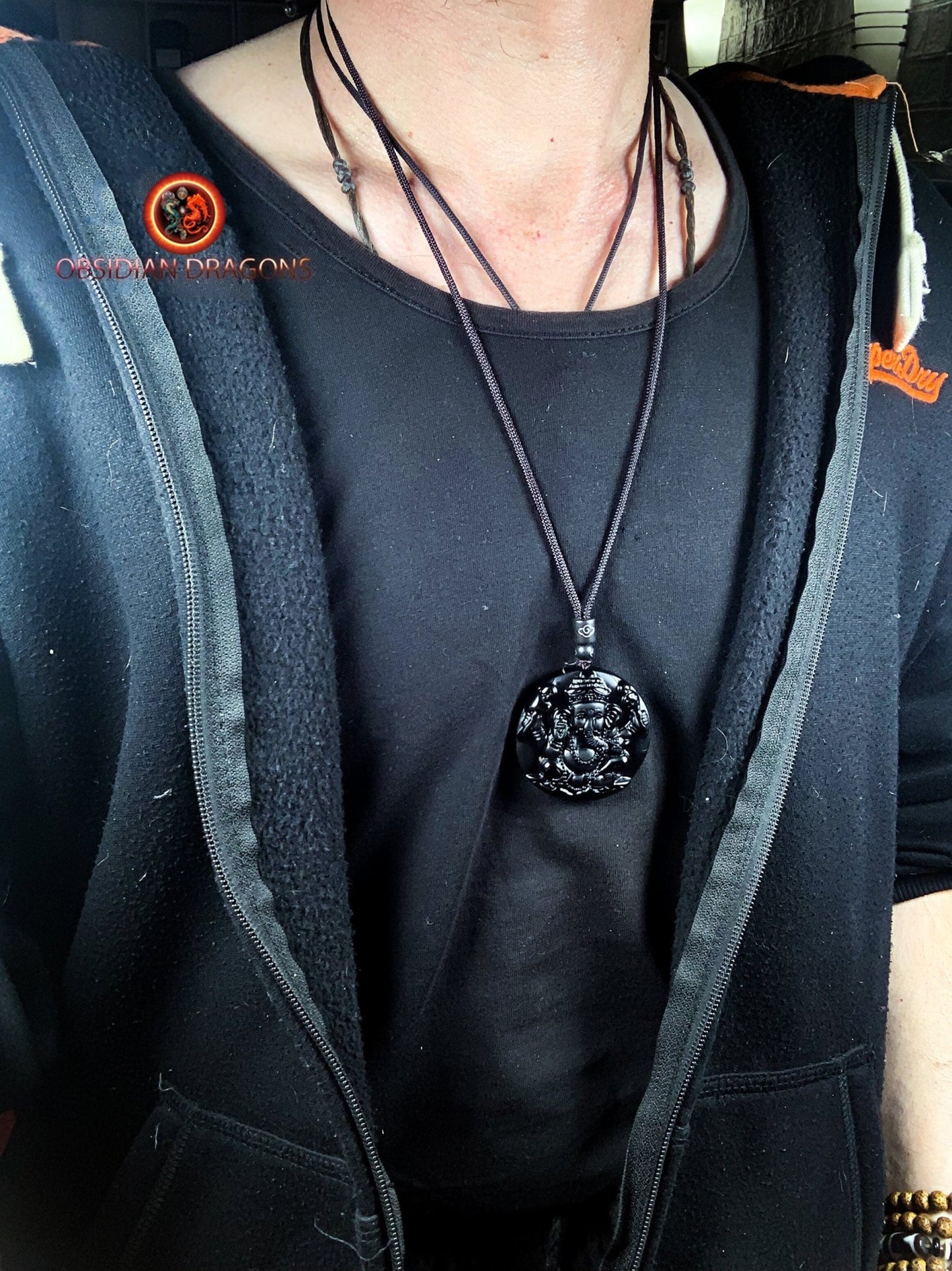 Pendentif Ganesh en obsidienne naturelle