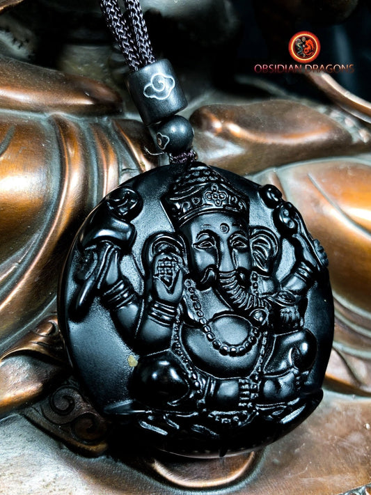 Pendentif Ganesh en obsidienne naturelle