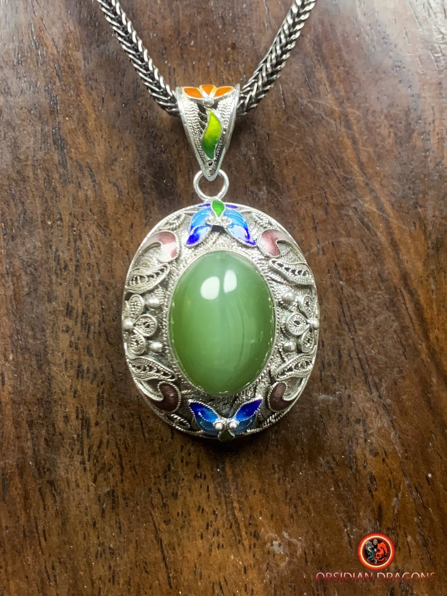 Pendentif en Jade effet oeil de chat- Argent- Dynastie Qing | obsidian dragons