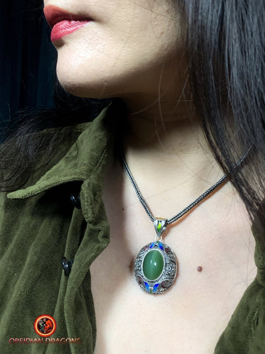 Pendentif en Jade effet oeil de chat- Argent- Dynastie Qing | obsidian dragons