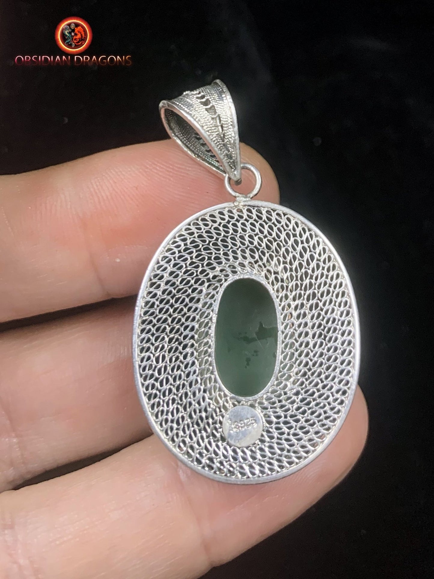 Pendentif en Jade effet oeil de chat- Argent filigrané | obsidian dragons
