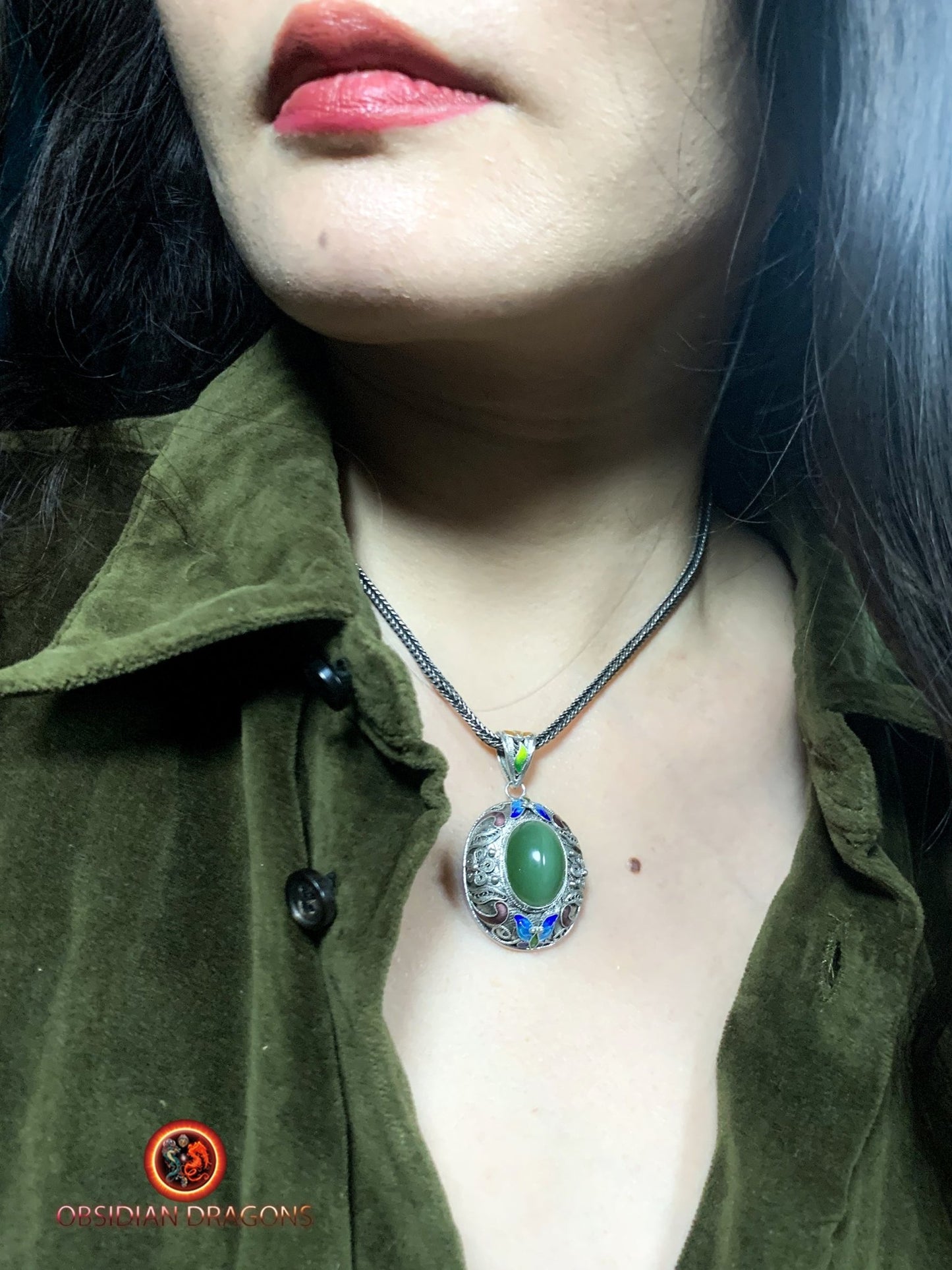 Pendentif en Jade effet oeil de chat- Argent- Dynastie Qing | obsidian dragons