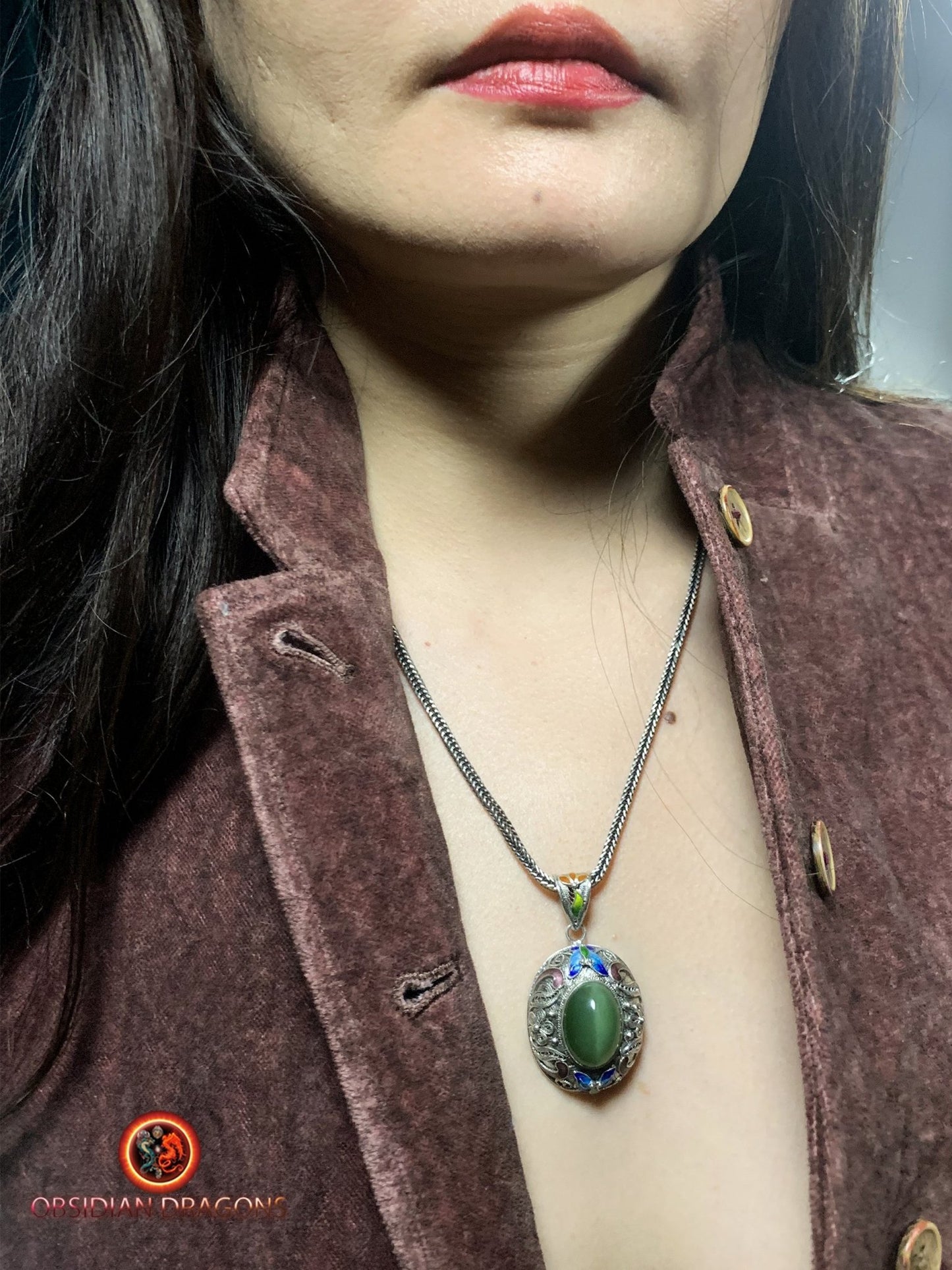 Pendentif en Jade effet oeil de chat et argent- Traditionnel | obsidian dragons