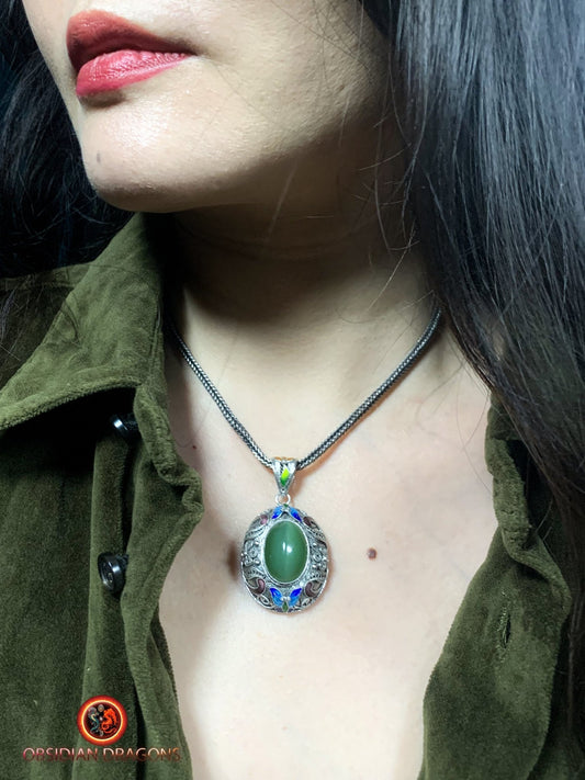 Pendentif en Jade effet oeil de chat- Argent filigrané | obsidian dragons