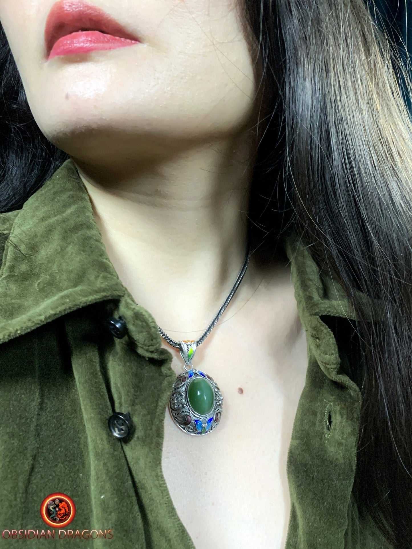 Pendentif en Jade effet oeil de chat- Argent- Dynastie Qing | obsidian dragons