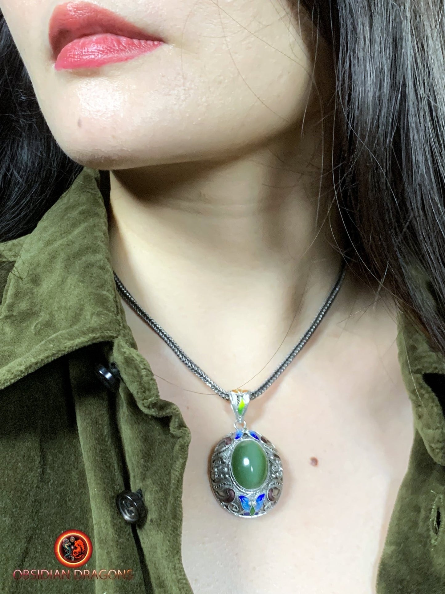 Pendentif en Jade effet oeil de chat- Argent filigrané | obsidian dragons