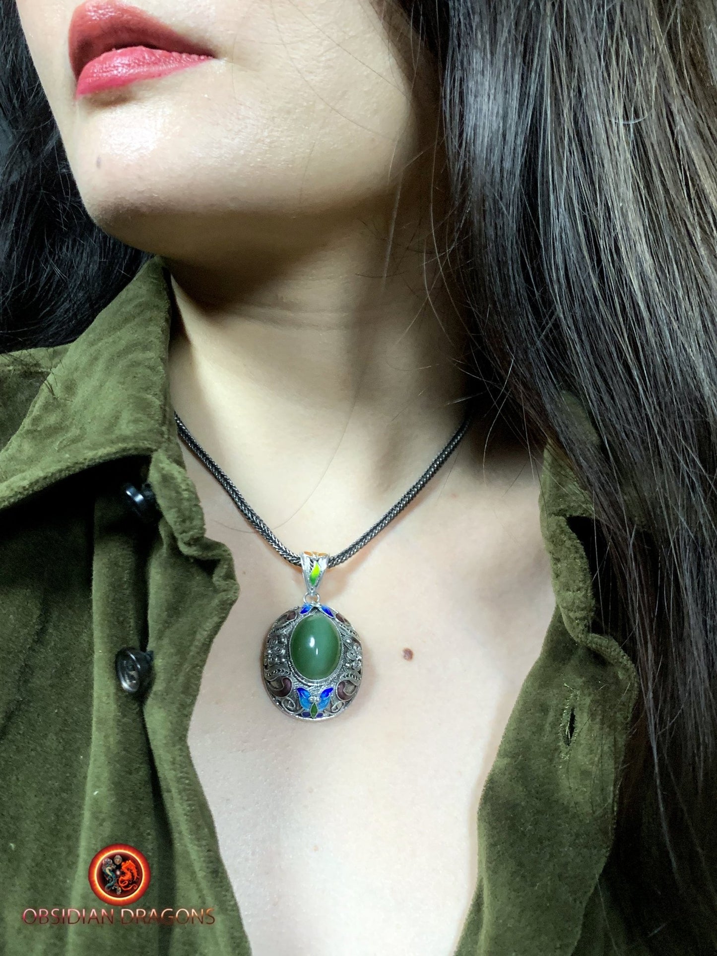 Pendentif en Jade effet oeil de chat- Argent filigrané | obsidian dragons