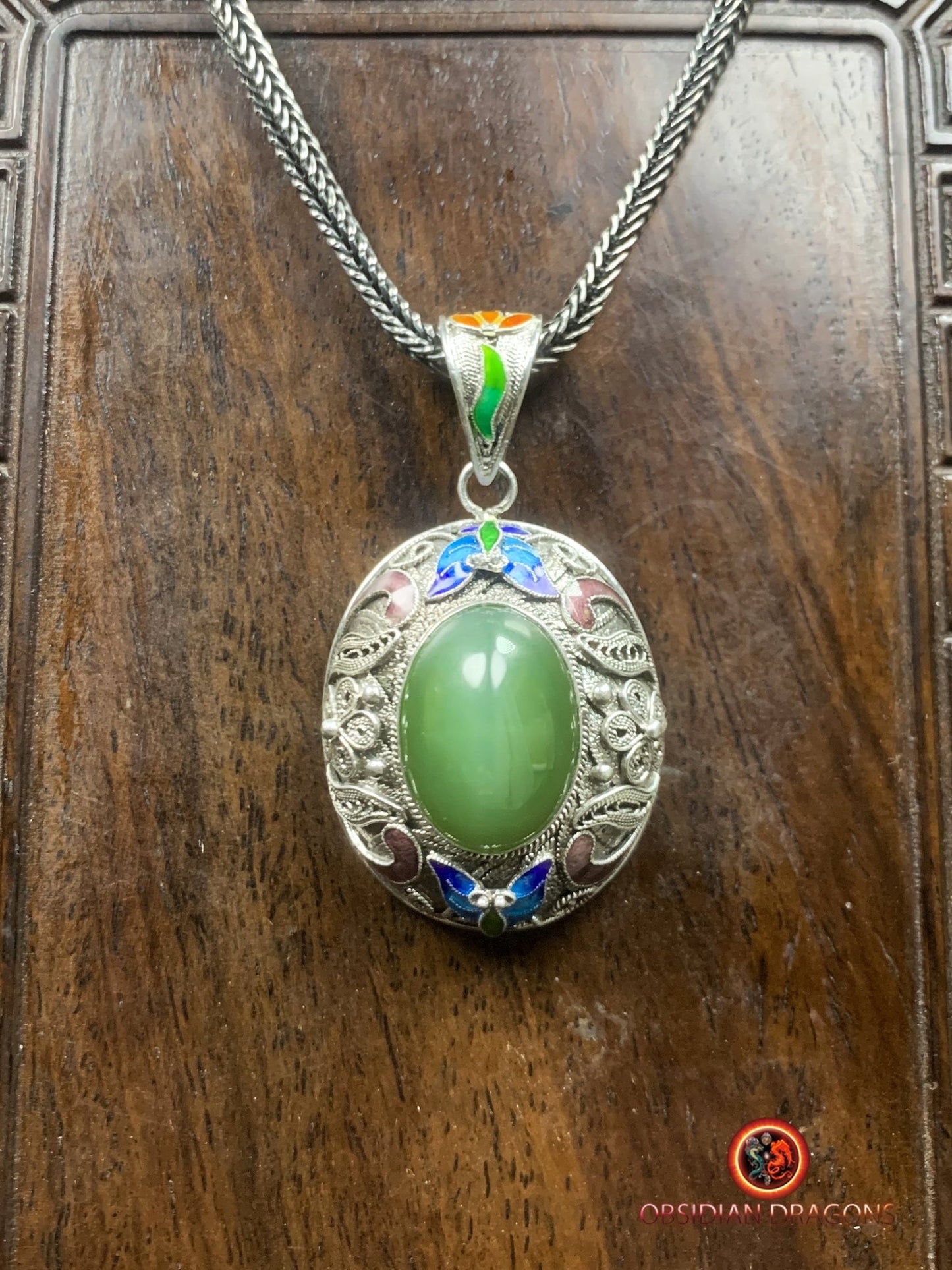 Pendentif en Jade effet oeil de chat- Argent filigrané | obsidian dragons