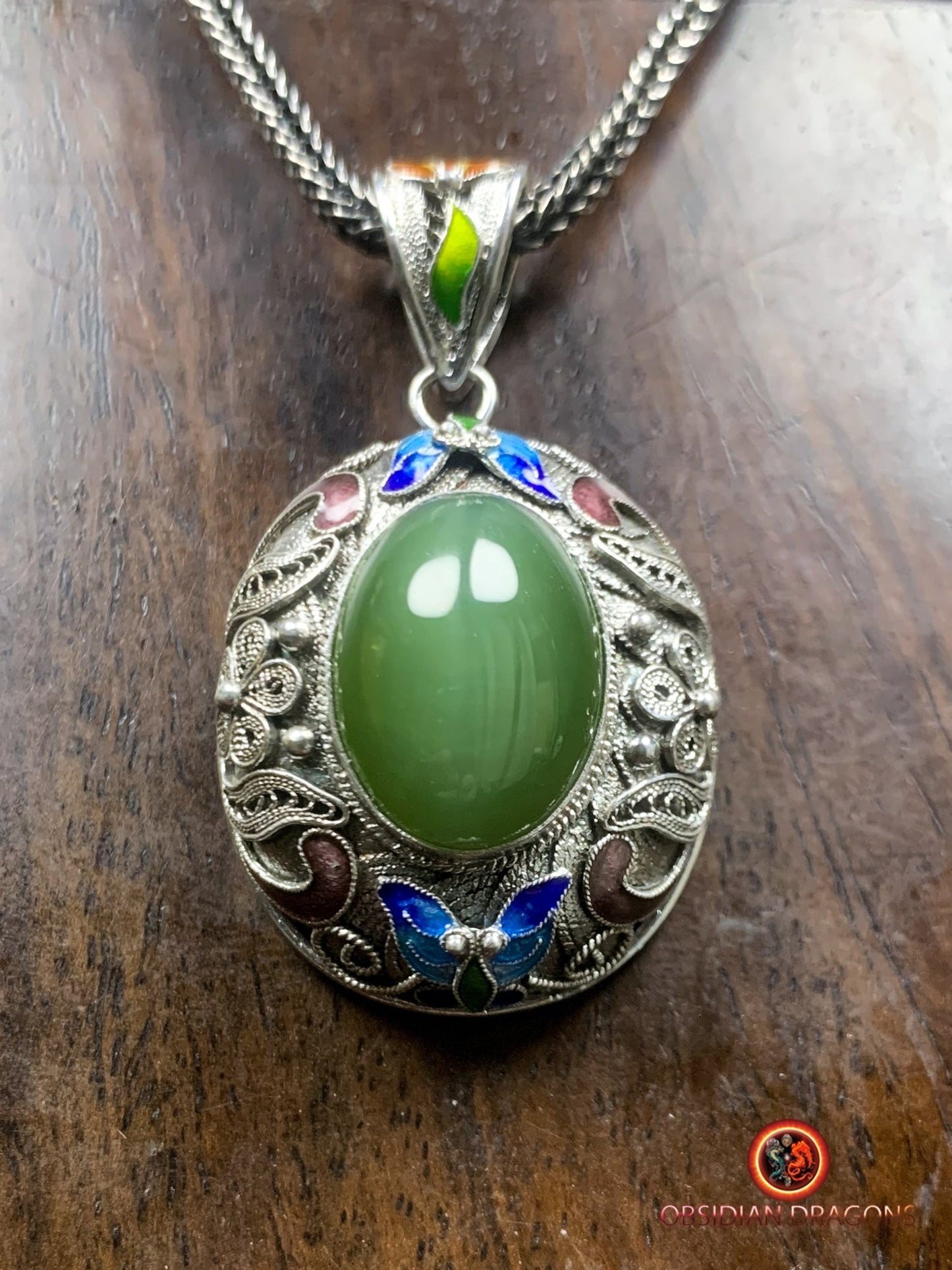 Pendentif en Jade effet oeil de chat- Argent- Dynastie Qing | obsidian dragons