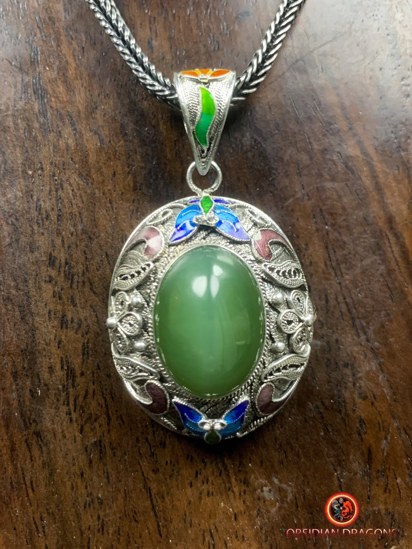 Pendentif en Jade effet oeil de chat- Argent filigrané | obsidian dragons