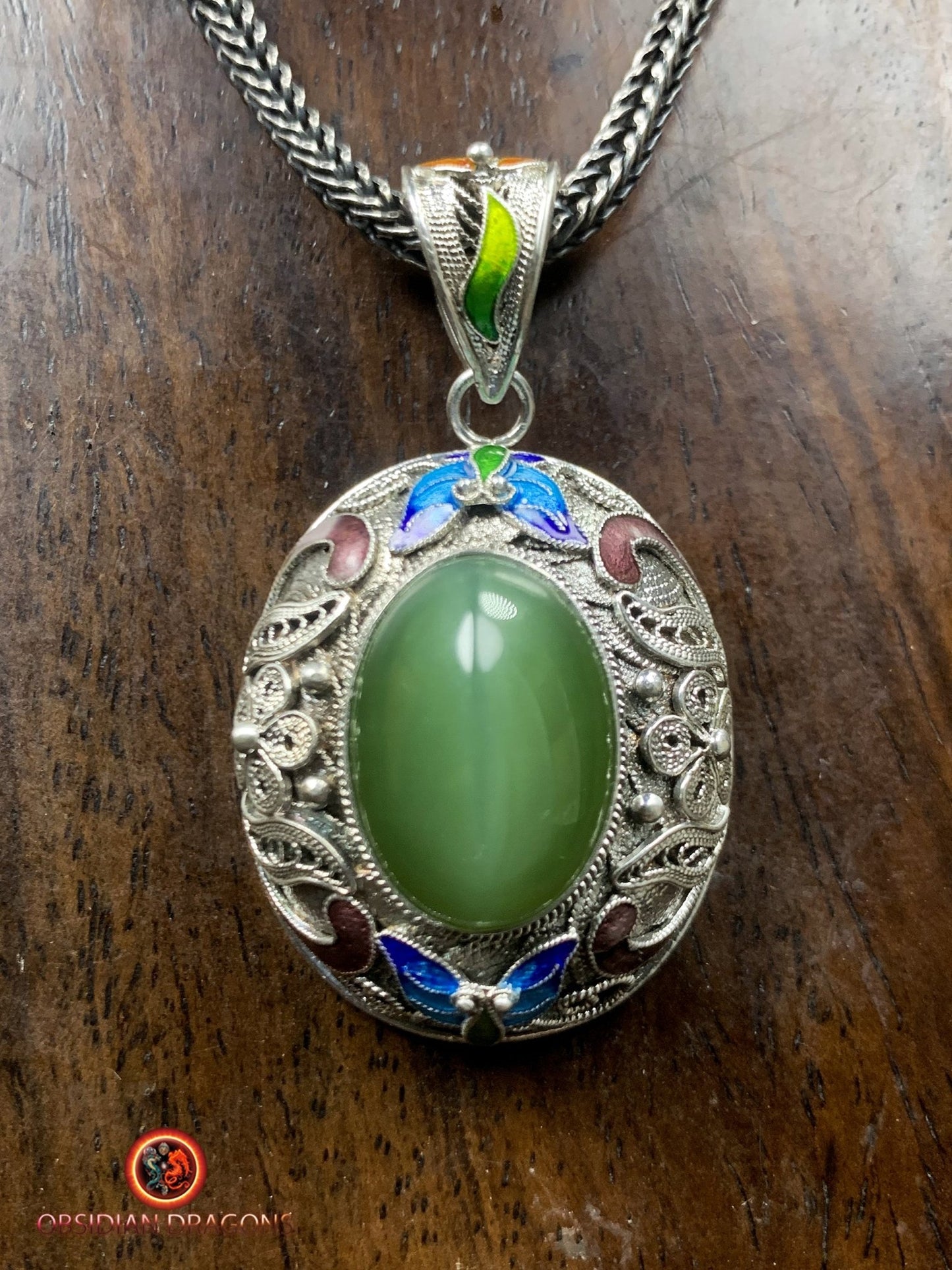 Pendentif en Jade oeil de chat et argent- Dynastie Qing | obsidian dragons