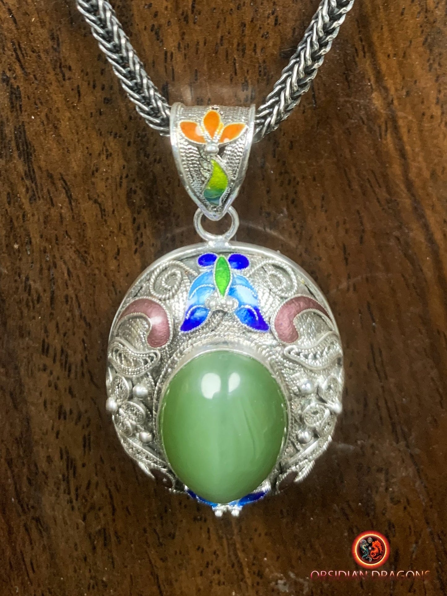 Pendentif en Jade effet oeil de chat- Argent- Dynastie Qing | obsidian dragons