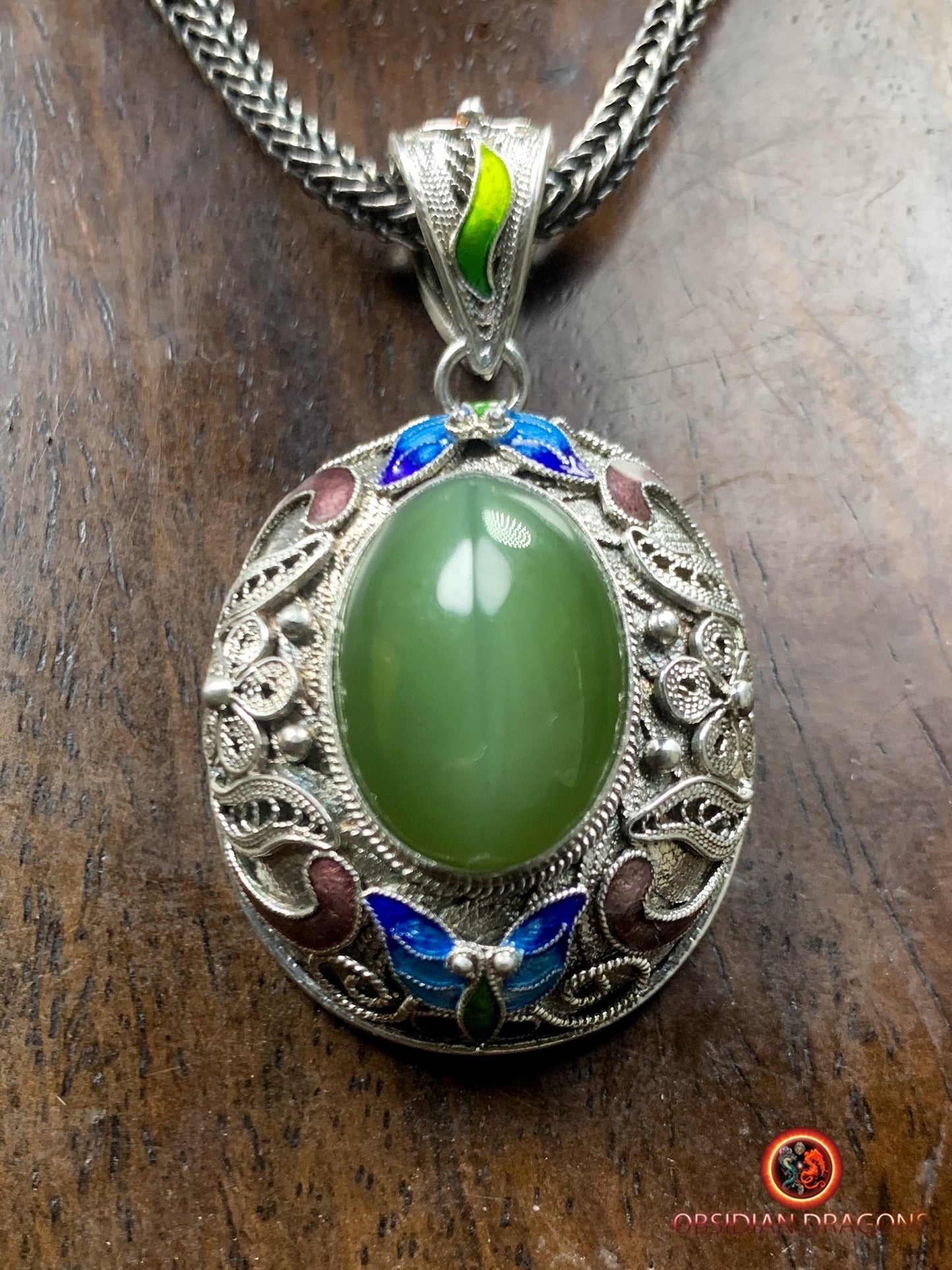 Pendentif en Jade oeil de chat et argent- Dynastie Qing | obsidian dragons