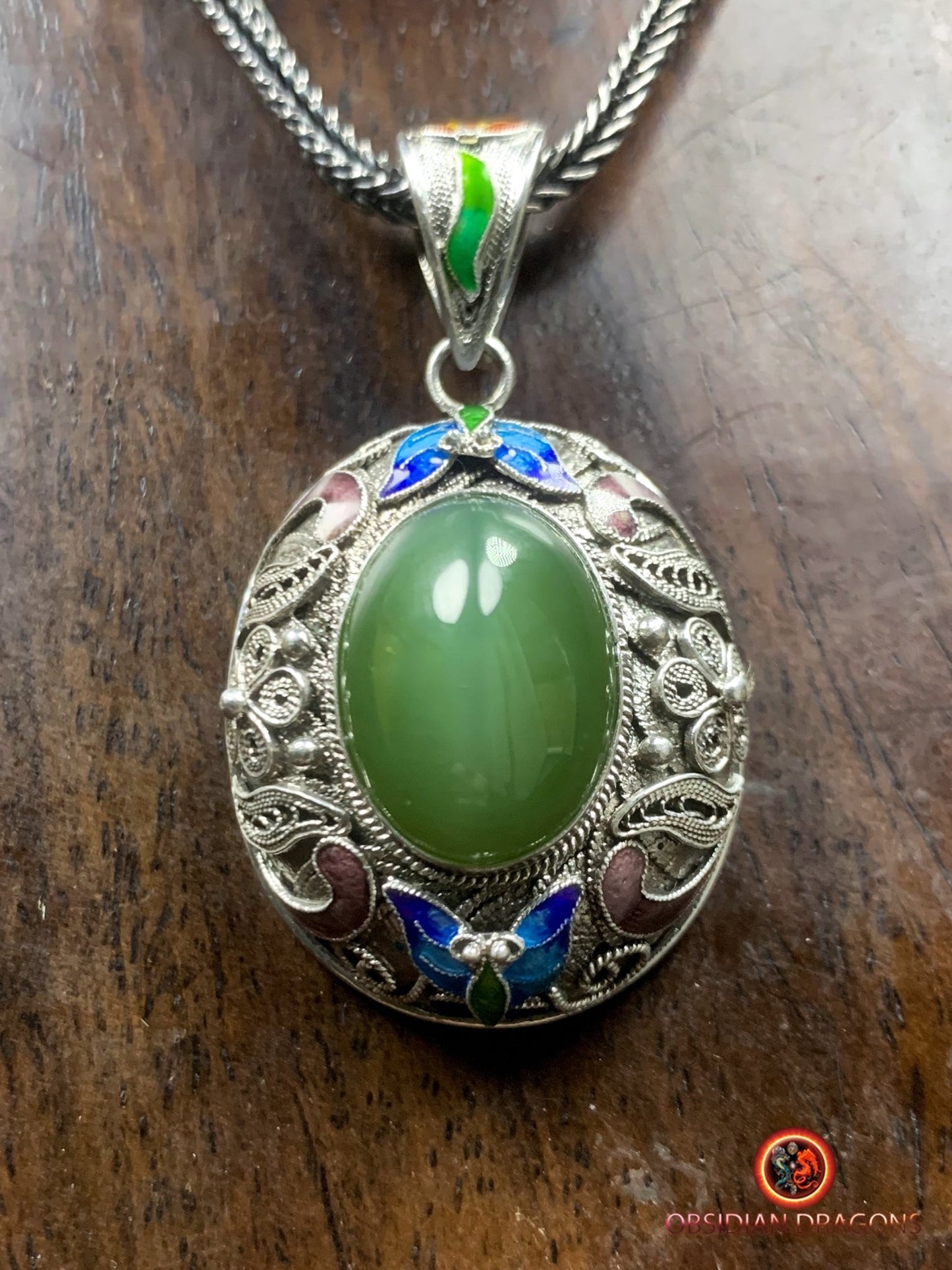 Pendentif en Jade effet oeil de chat- Argent filigrané | obsidian dragons