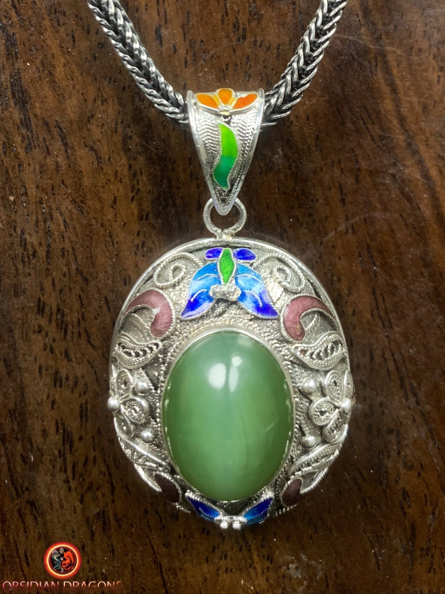 Pendentif en Jade effet oeil de chat- Argent filigrané | obsidian dragons