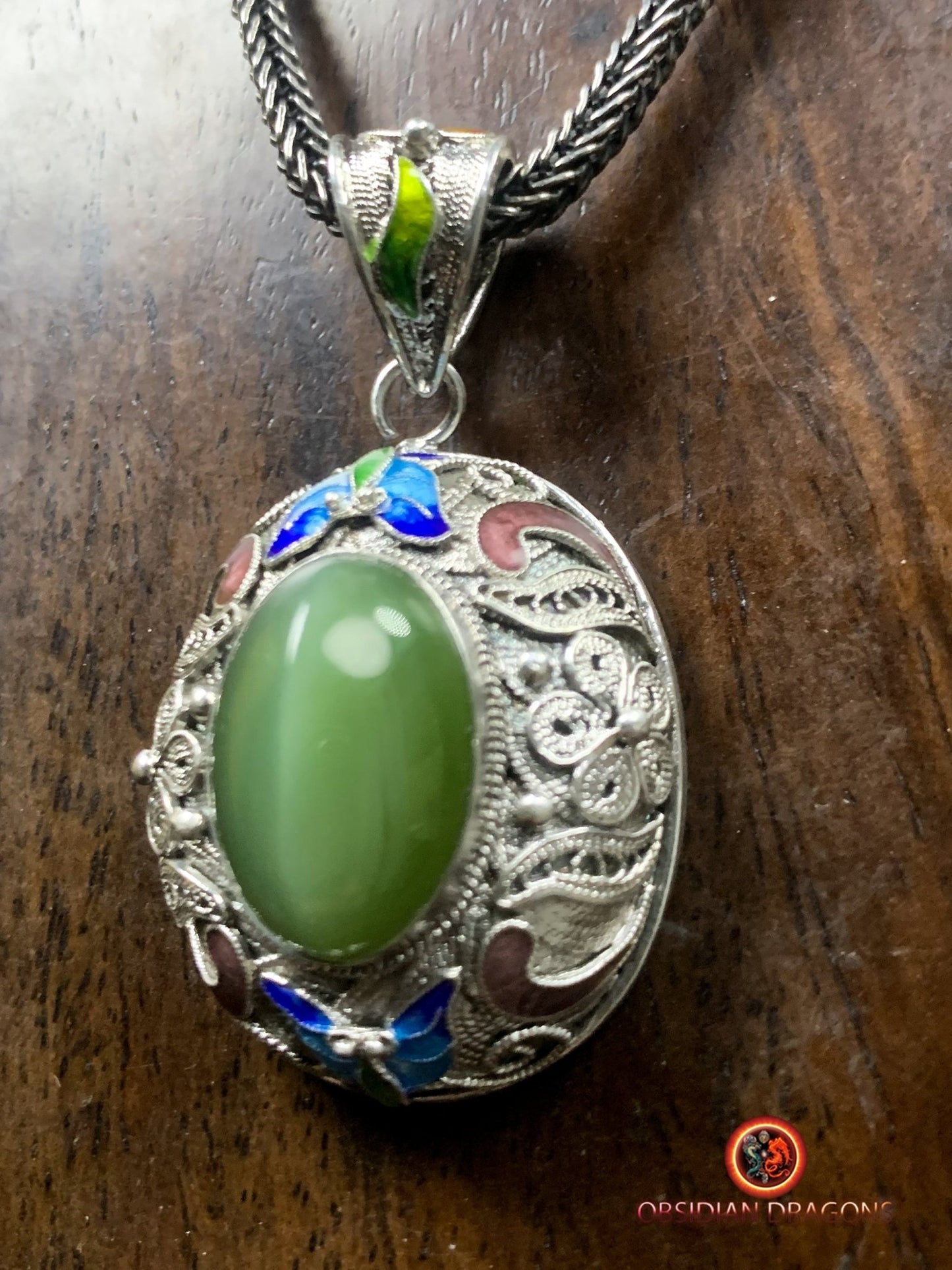 Pendentif en Jade effet oeil de chat et argent- Traditionnel | obsidian dragons