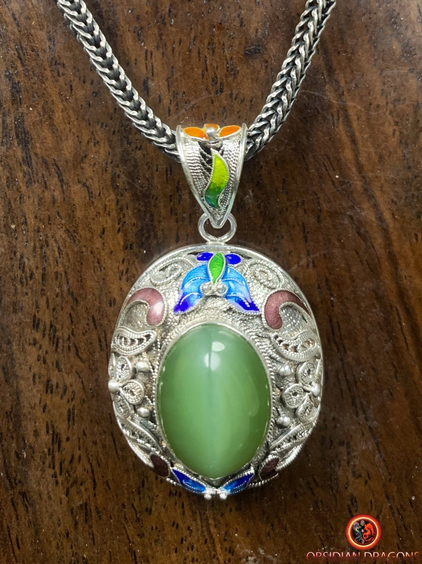 Pendentif en Jade oeil de chat et argent- Dynastie Qing | obsidian dragons