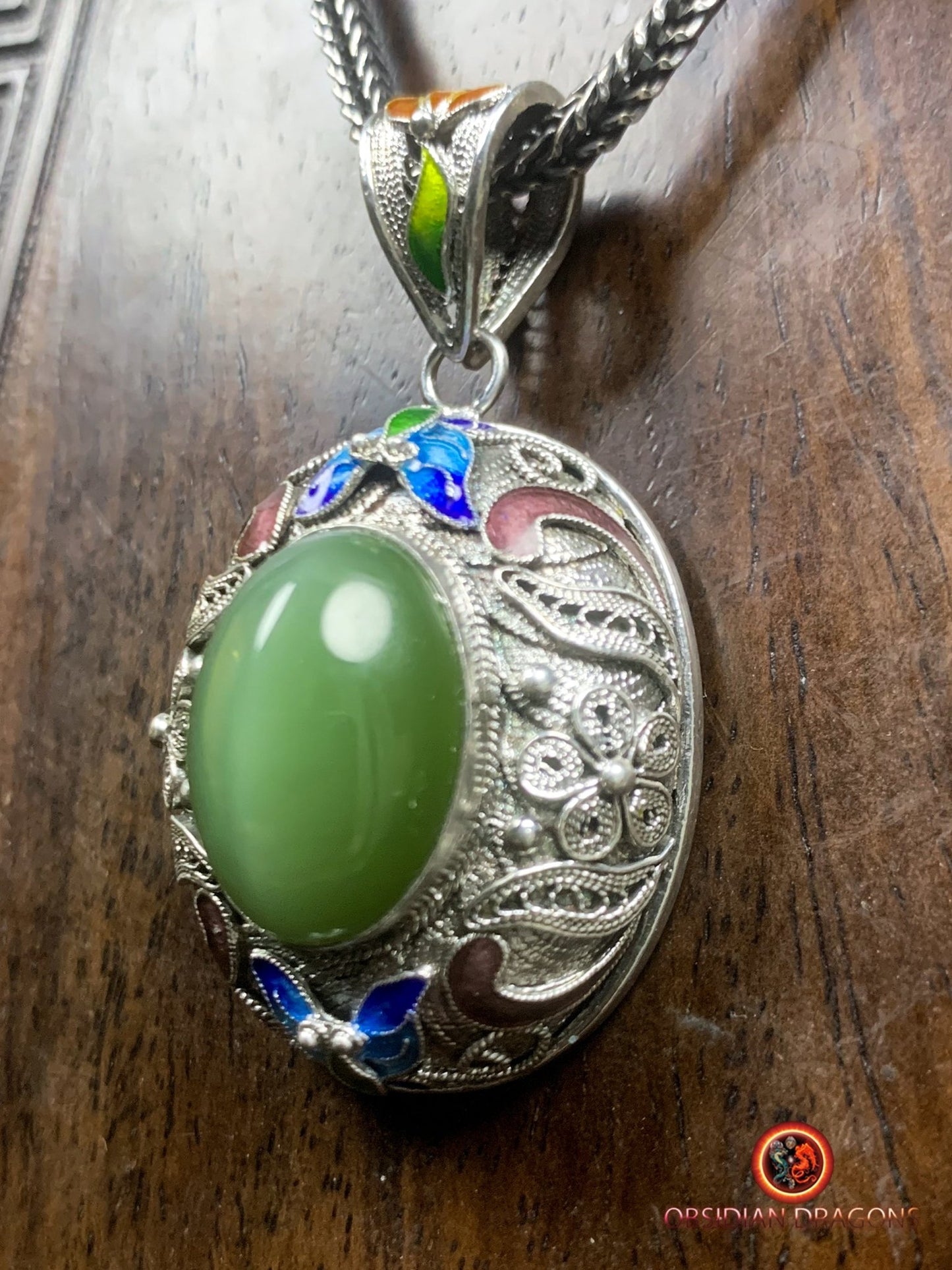 Pendentif en Jade effet oeil de chat- Argent- Dynastie Qing | obsidian dragons