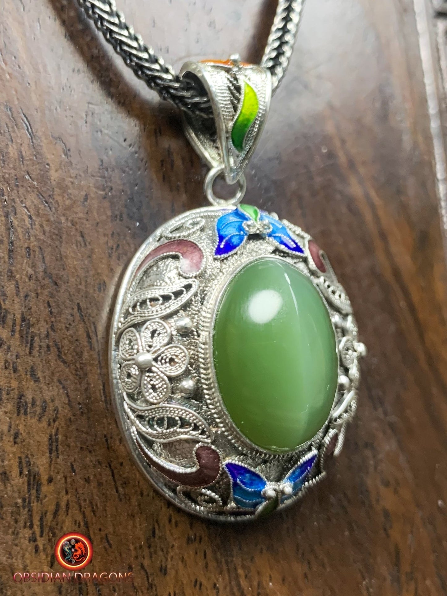 Pendentif en Jade oeil de chat et argent- Dynastie Qing | obsidian dragons
