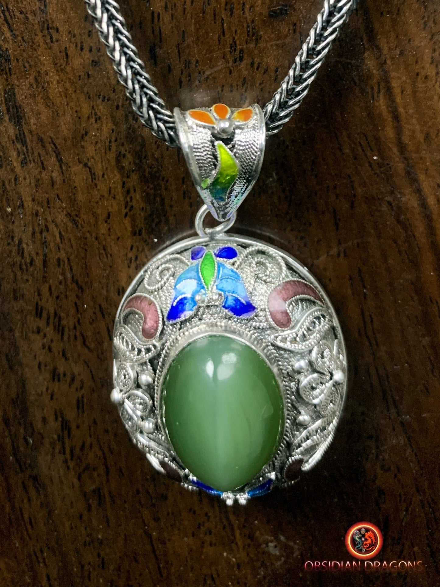 Pendentif en Jade effet oeil de chat et argent- Traditionnel | obsidian dragons