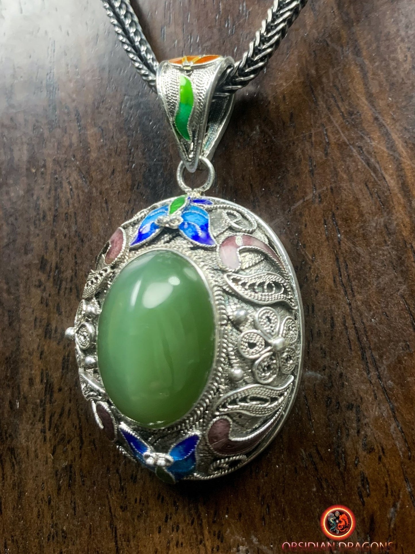 Pendentif en Jade effet oeil de chat- Argent filigrané | obsidian dragons