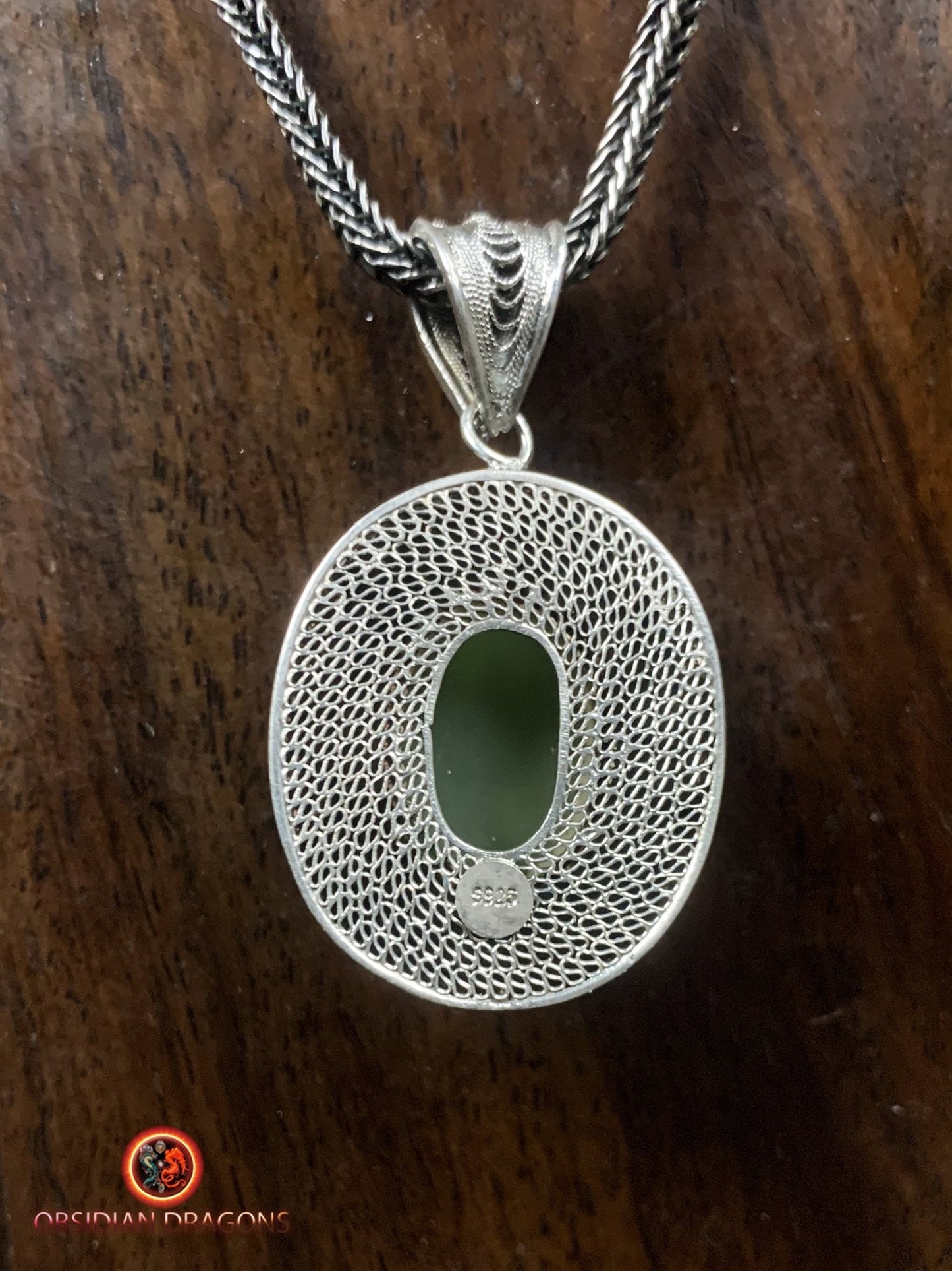 Pendentif en Jade effet oeil de chat et argent- Traditionnel | obsidian dragons