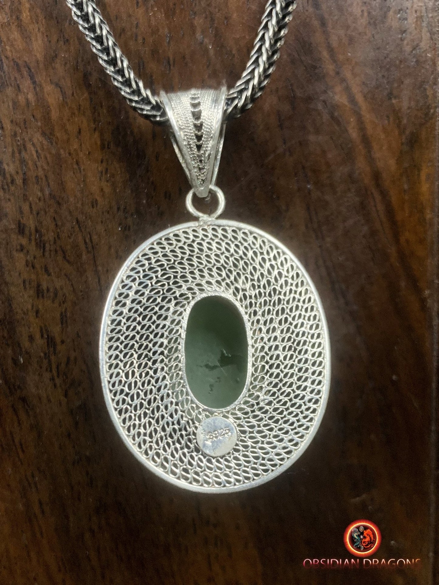 Pendentif en Jade effet oeil de chat- Argent filigrané | obsidian dragons