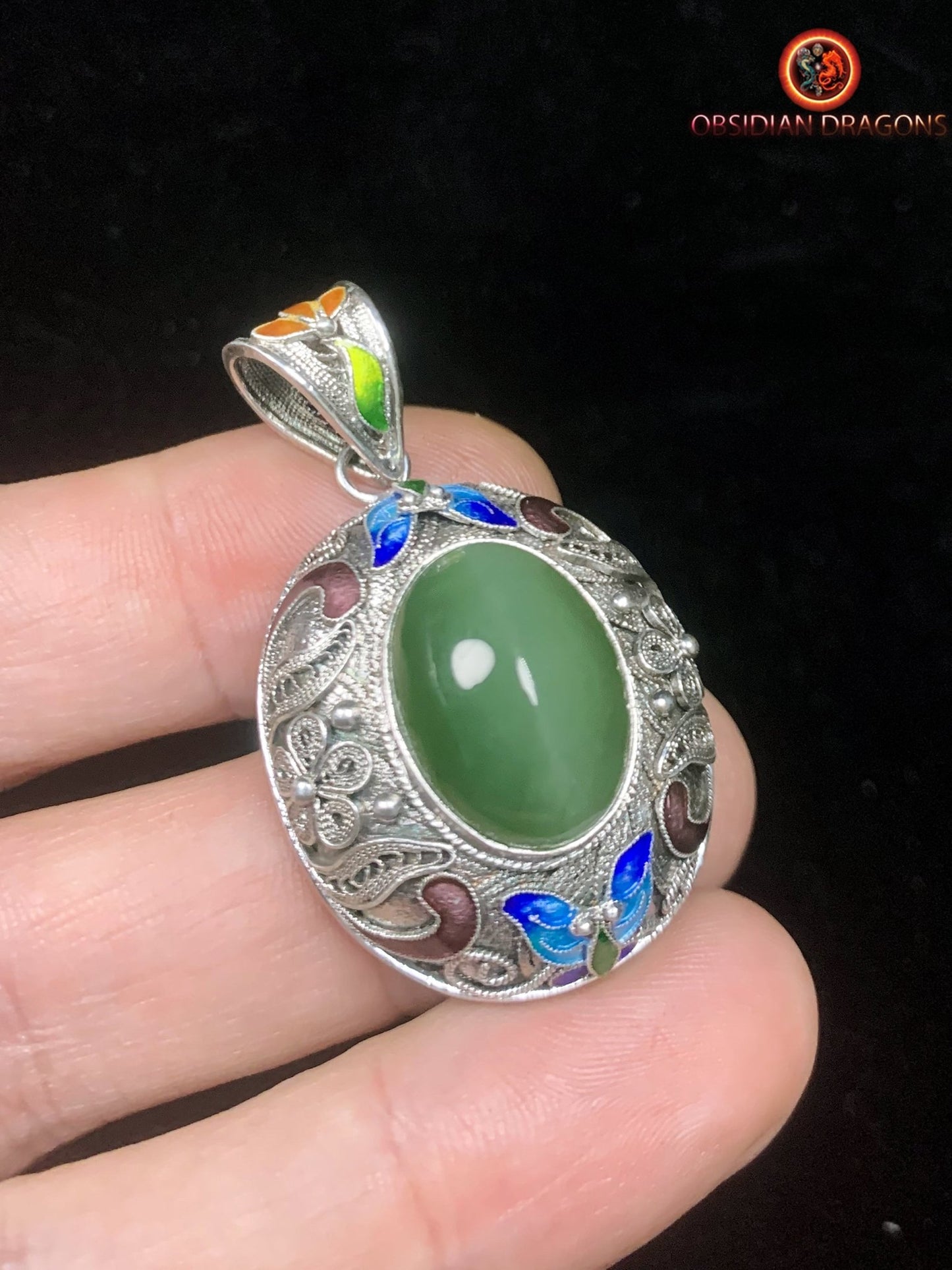 Pendentif en Jade effet oeil de chat- Argent- Dynastie Qing | obsidian dragons