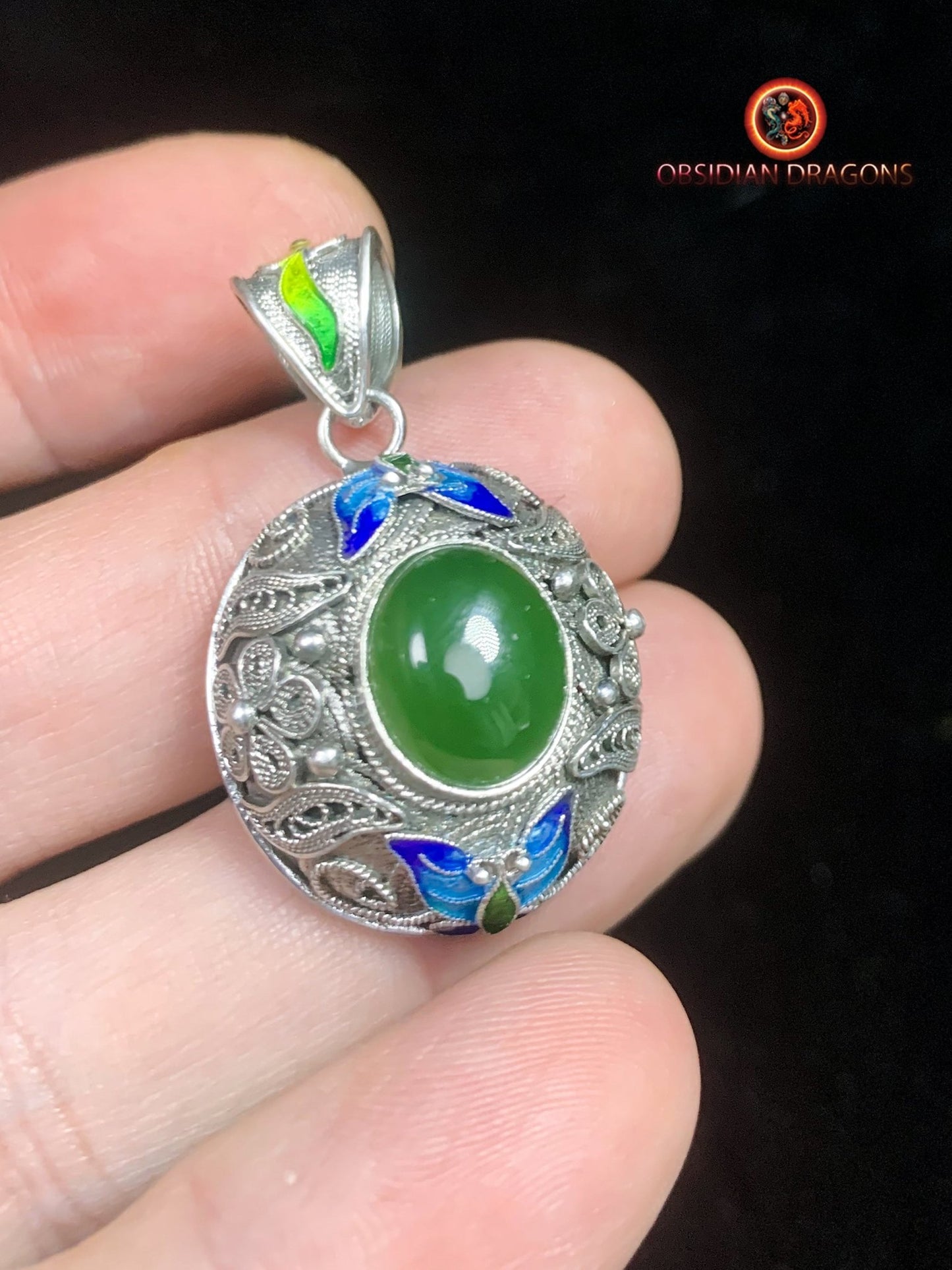 Pendentif Jade- Argent filigrané- Dynastie Qing | obsidian dragons