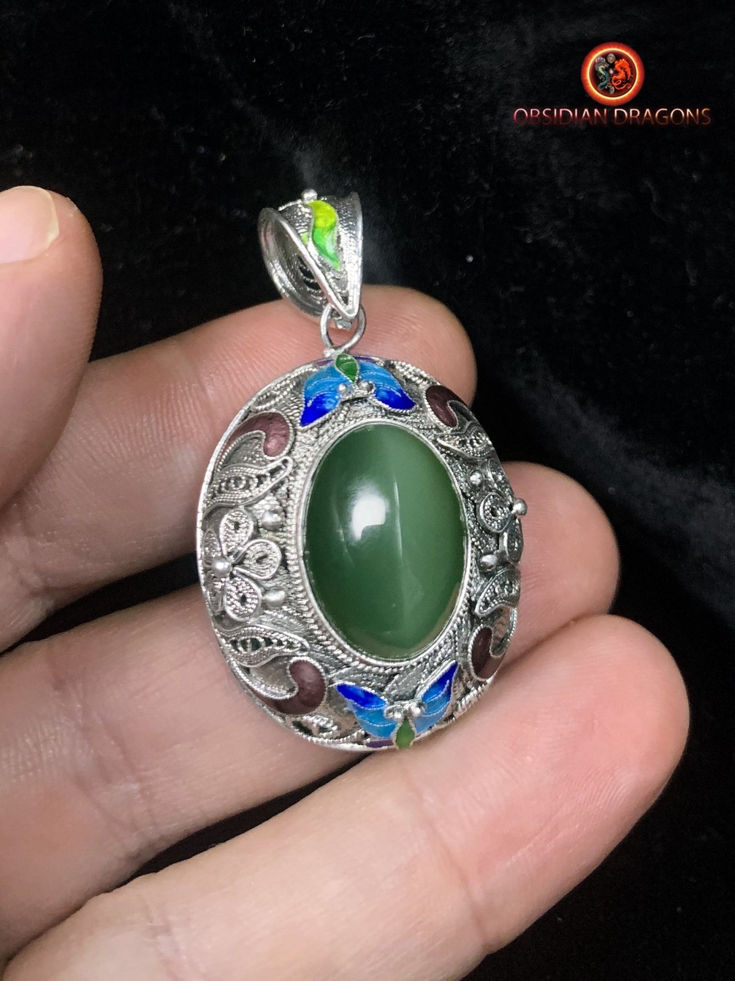 Pendentif en Jade effet oeil de chat et argent- Traditionnel | obsidian dragons
