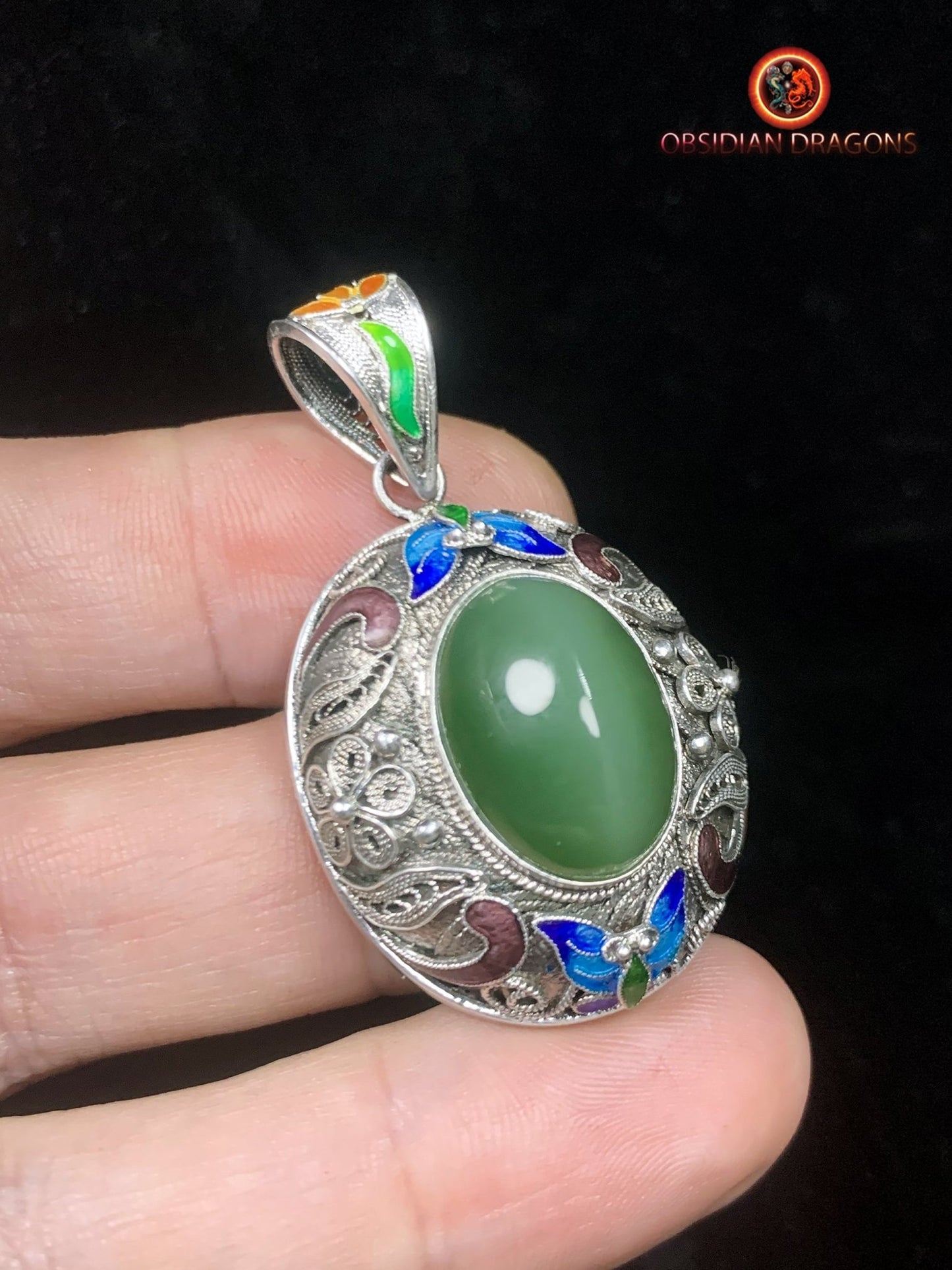 Pendentif en Jade effet oeil de chat- Argent filigrané | obsidian dragons